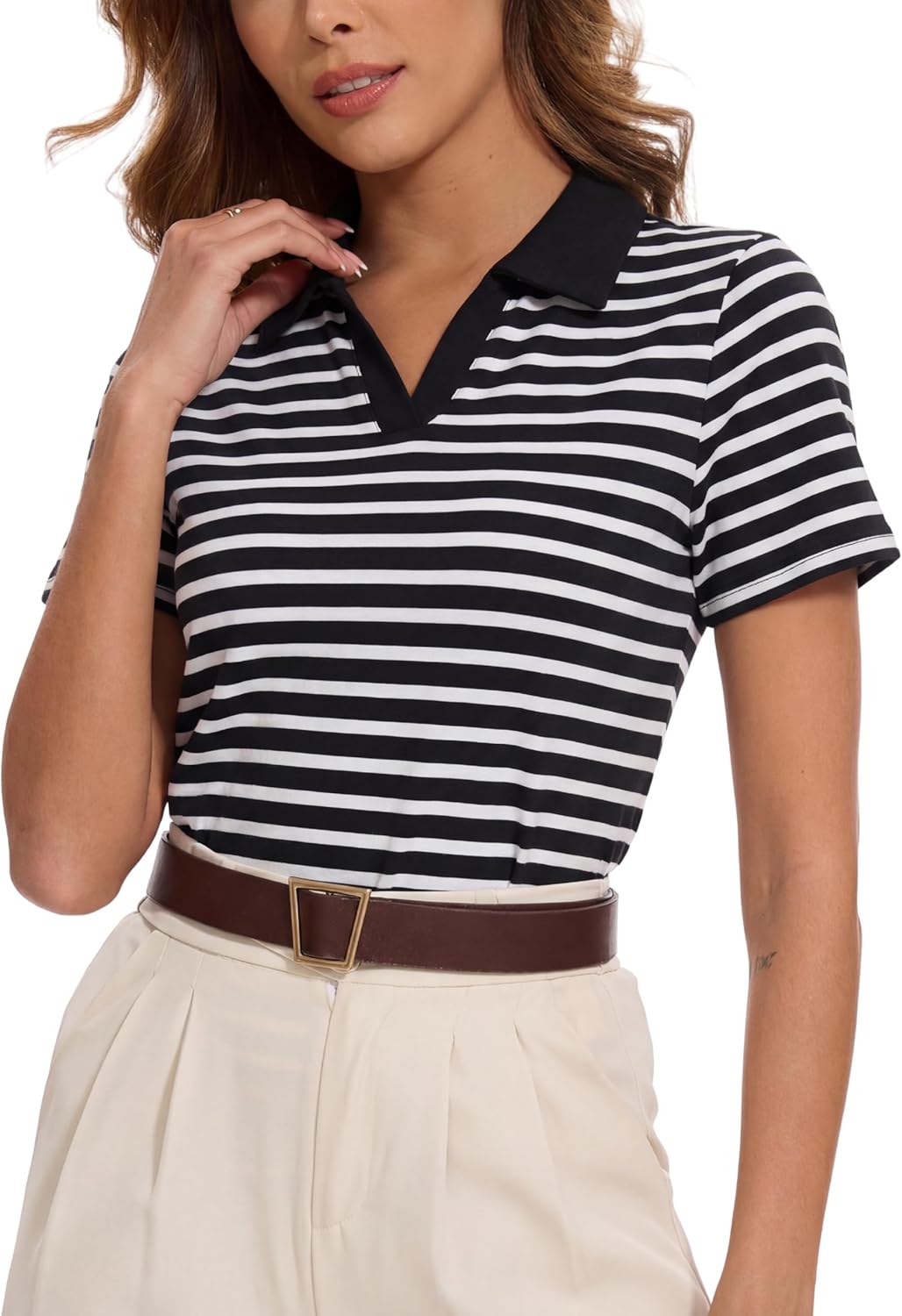 Women Striped Collared Shirts Golf Polo Cotton Blend Tops Short Sleeve T-Shirts Tennis Tee Summer Outfits