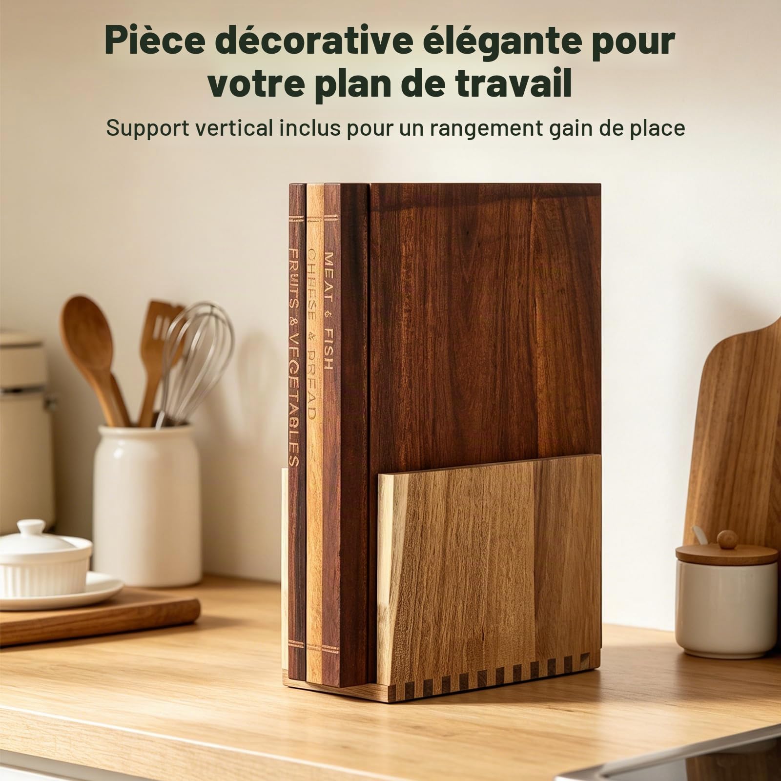 Ensemble Planches à Découper Façon Livre, 4pcs Planche Cuisine avec support | Planche à Découper en Bois avec Rigole à Jus Cutting Board Book Set pour Préparation Repas, aux Fruits et Viande