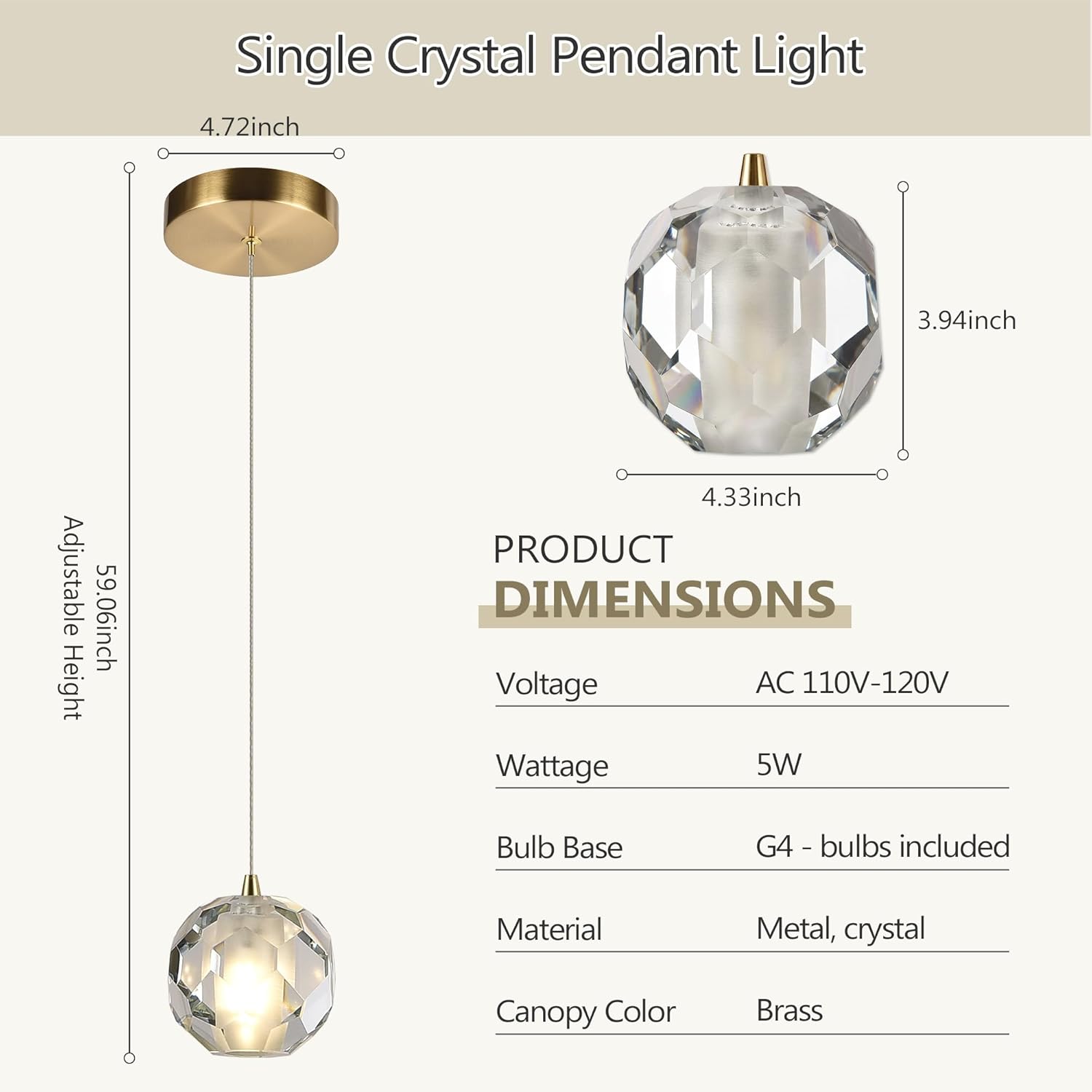 Brass Pendant Light for Kitchen Island, Single Adjustable Hanging Light with Clear Crystal Lampshade, Brass Modern Small Lighting Fixture for Dining, Bar, Includes 3-Color Bulbs
