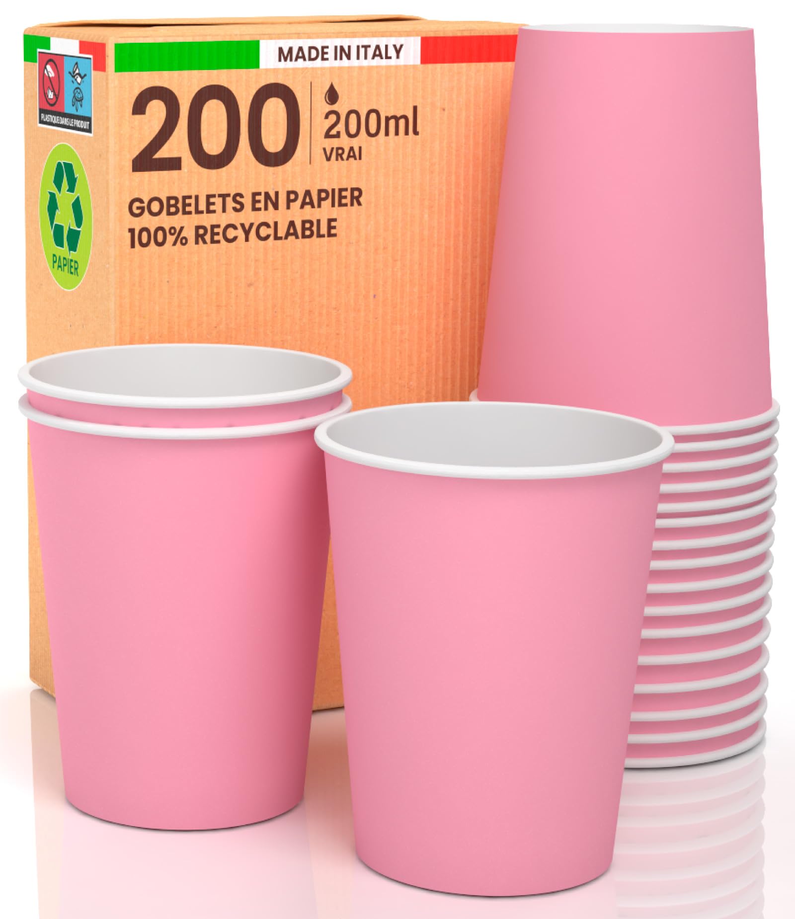 Gobelets en papier de 200 ml écologiques roses jetables et robustes pour éviter les fuites