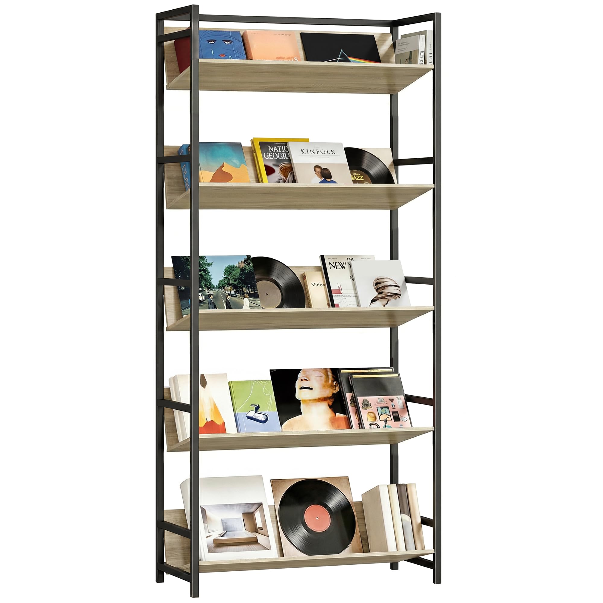 HOMCOM Bookshelf with Anti-Slip Design, 5-Tier Bookcase with Storage Shelves and Metal Frame for Living Room, Bedroom, Home Office, Oak