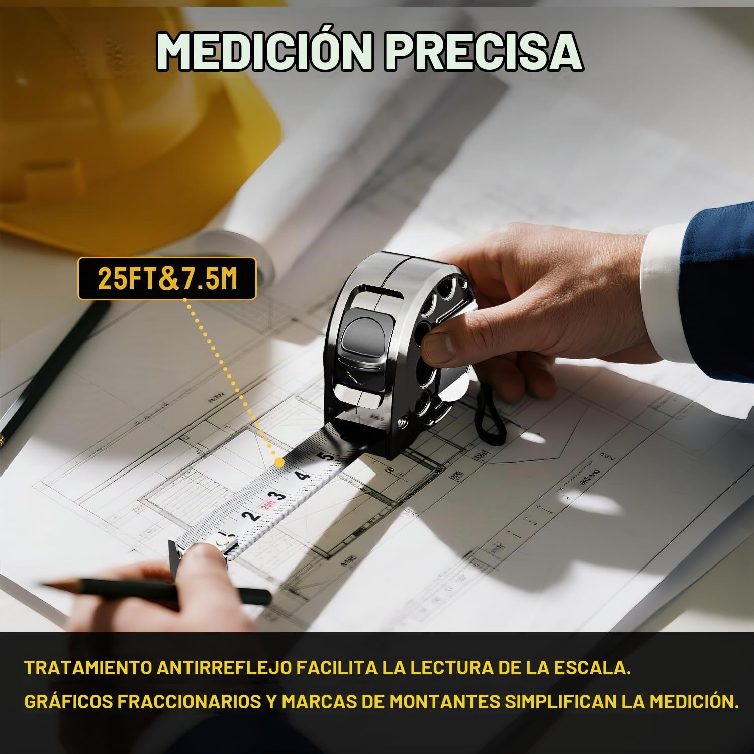Cinta métrica de 25 pies, impermeable, acero retráctil
