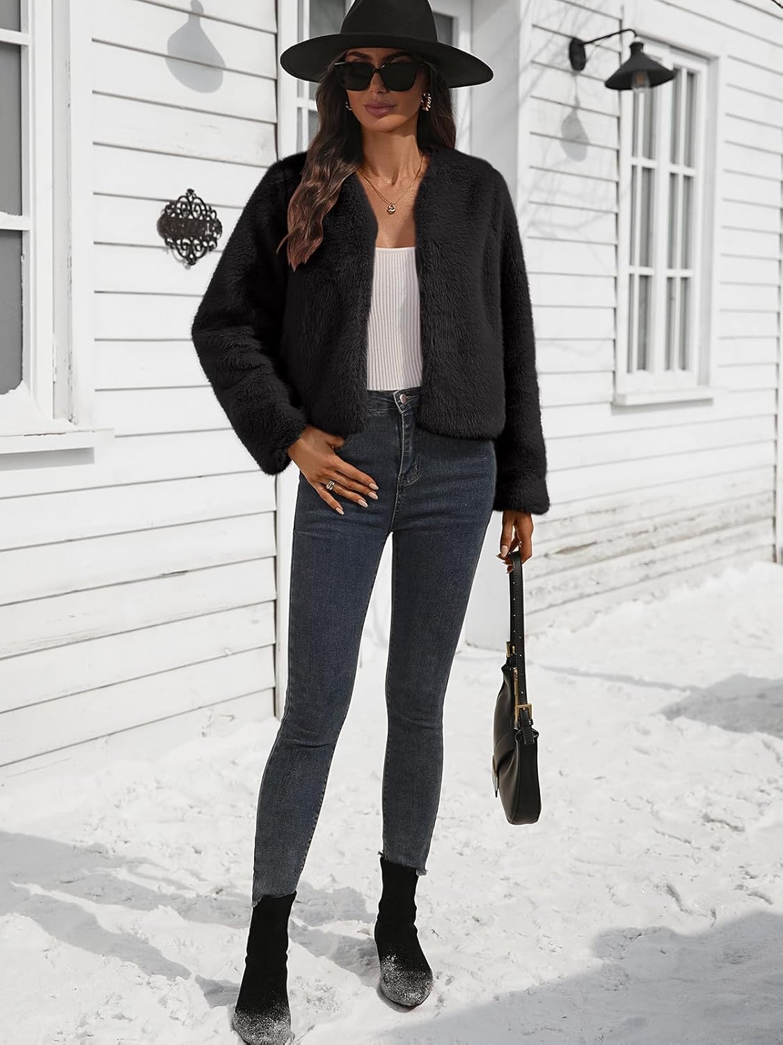 Women's Faux Fur Cropped Jacket Crew Neck Long Sleeve Oversized Shrugs for Dresses Fluffy Coats Pocket Winter - Image 5