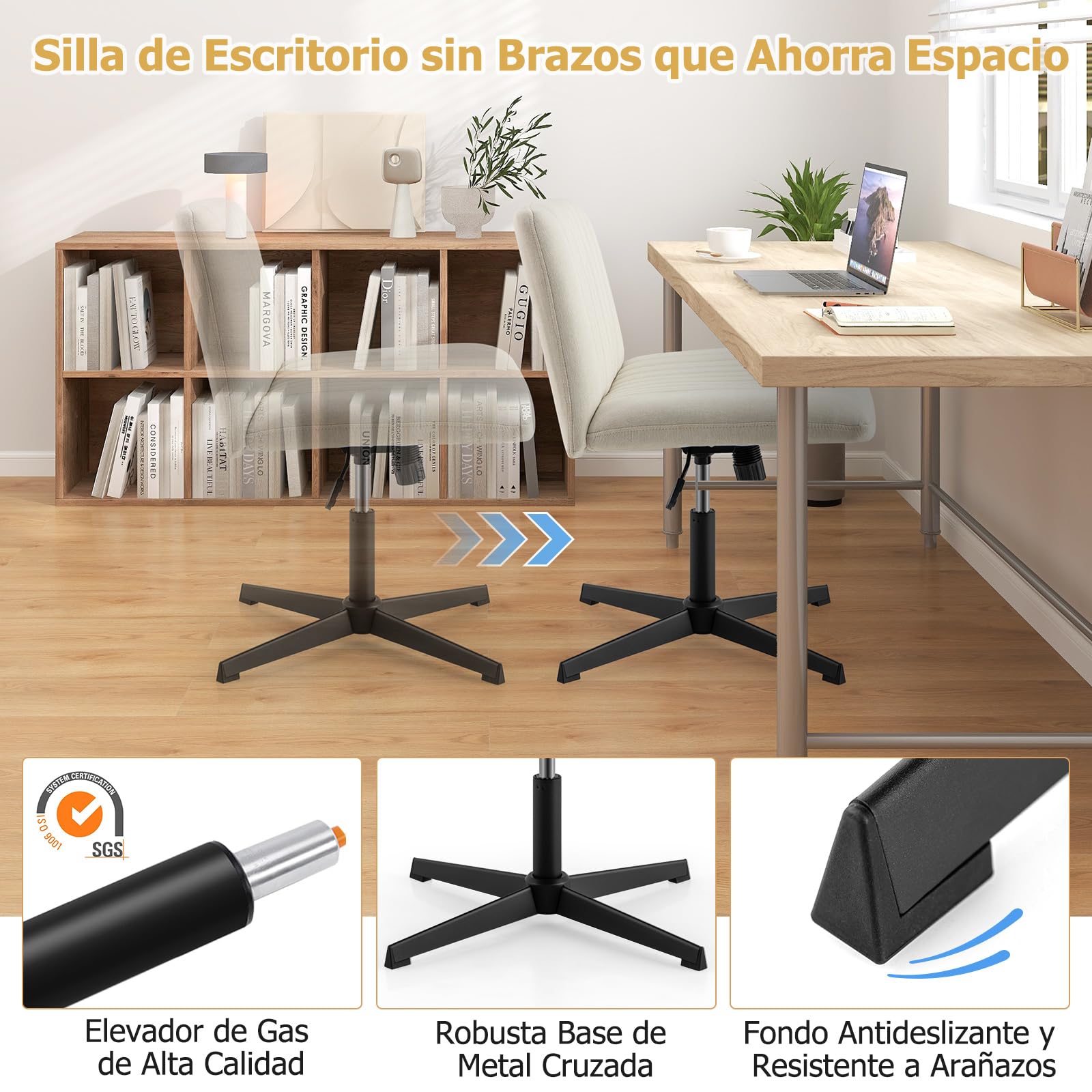 COSTWAY Silla Escritorio sin Brazos, Silla de Oficina con Tela de Lino, Mecedora 120°, Altura Ajustable, Silla Tocador con Piernas Cruzadas Estudio Dormitorio Oficina, 71 x 66 x 78-91,5 cm (Beige)