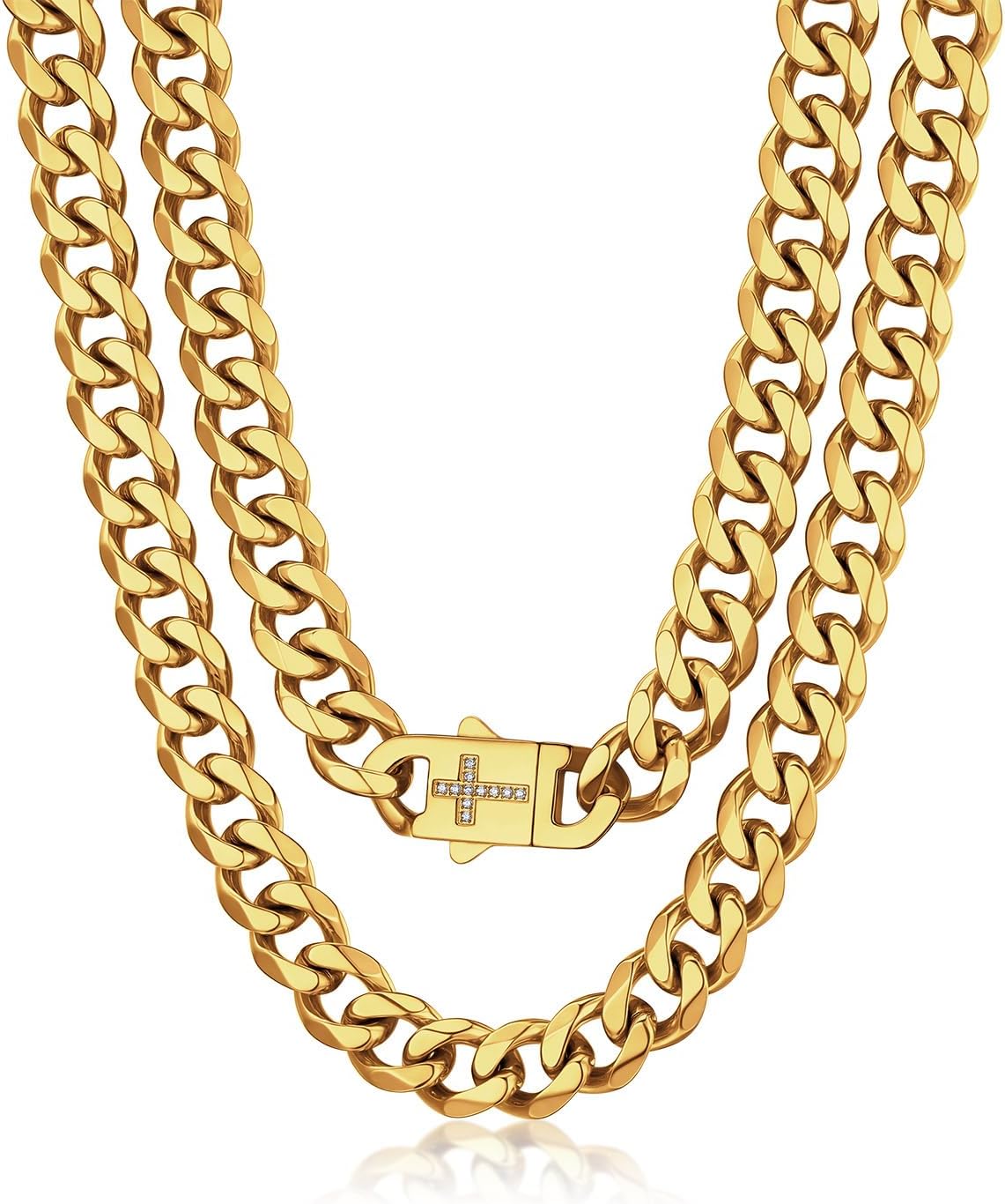 Bandmax 14K Gold Plated Black Stainless Steel Cuban Link Chain Necklace for Men Women, Cross White Zircon Clasp, 6/9/12MM Width, 18-30 Inch Length, Ideal Gift for Son Husband Father