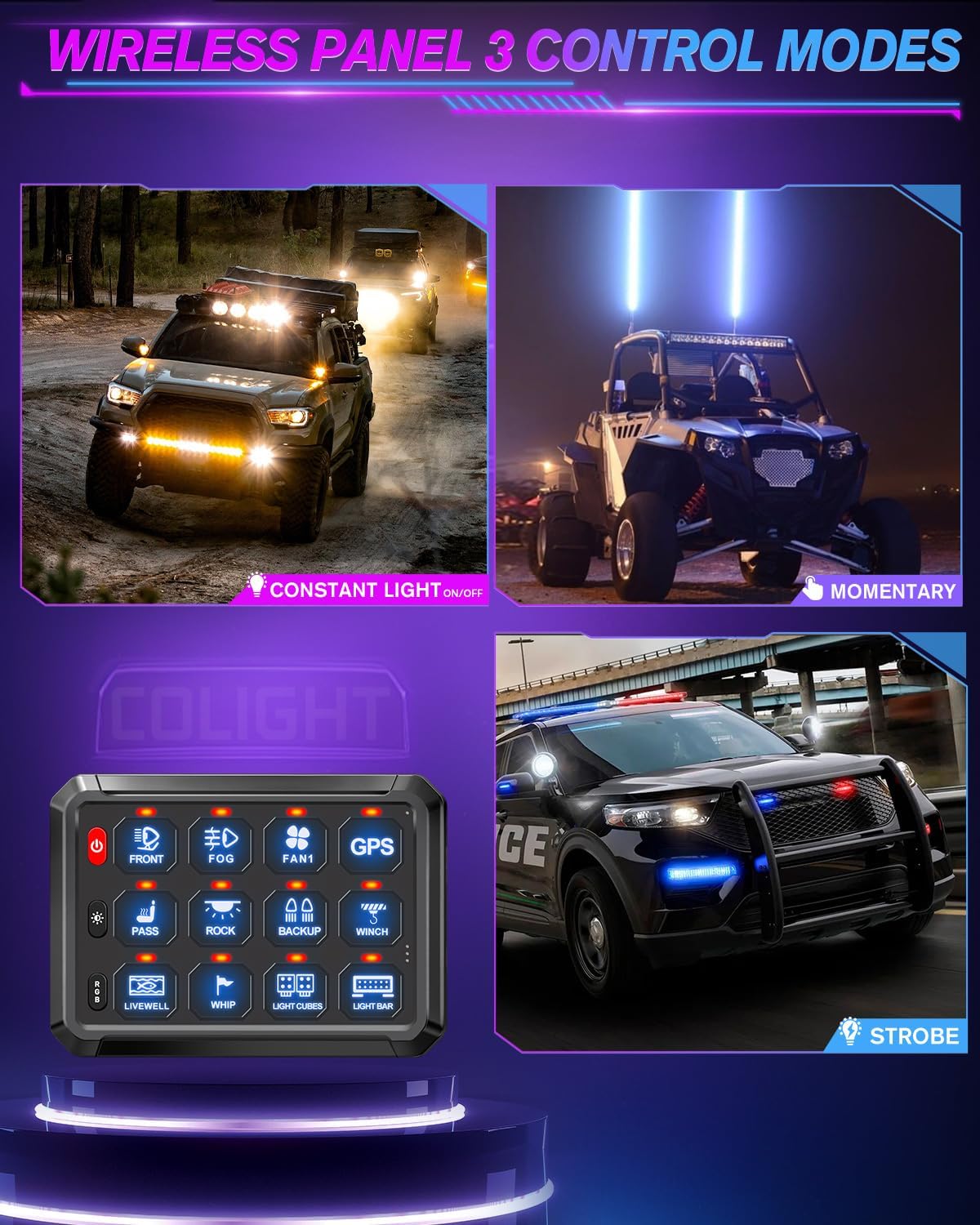 CO LIGHT 12 Gang Wireless Switch Panel Remote Control Range up to 165FT 5-Level Brightness Multifunction Built in Solid State Relay Switch Panel for Off-Road Truck SUV UTV RV