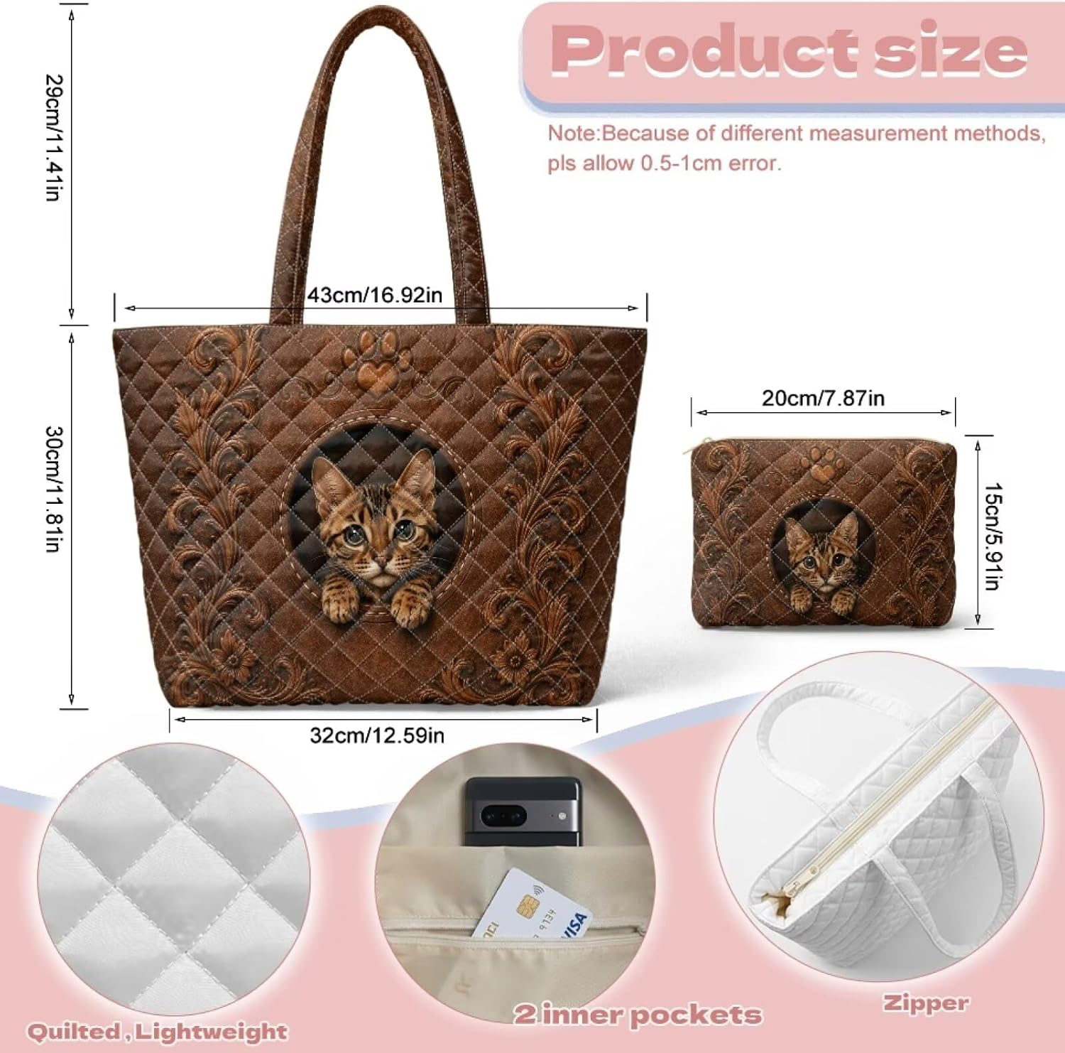 Quilted Tote Bag with Small Pouch for Women 2 Piece Set