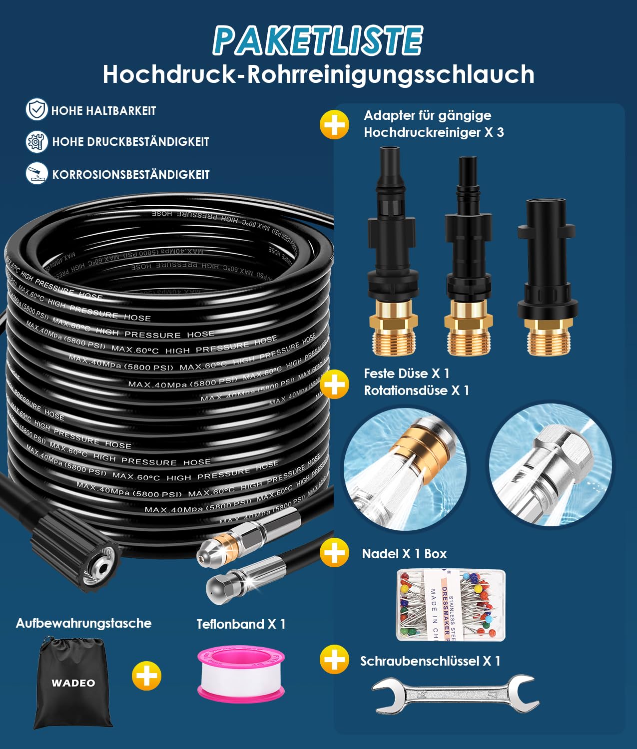WADEO 30M 400Bar Rohrreinigungsschlauch Set für Kärcher K2-K7 Serien Bosch Lavor Hochdruckreiniger, 5800 PSI, mit M22 Adapter, Düsen starr + rotierend, Hochdruckschlauch für Verstopfte Rohre Abflüsse