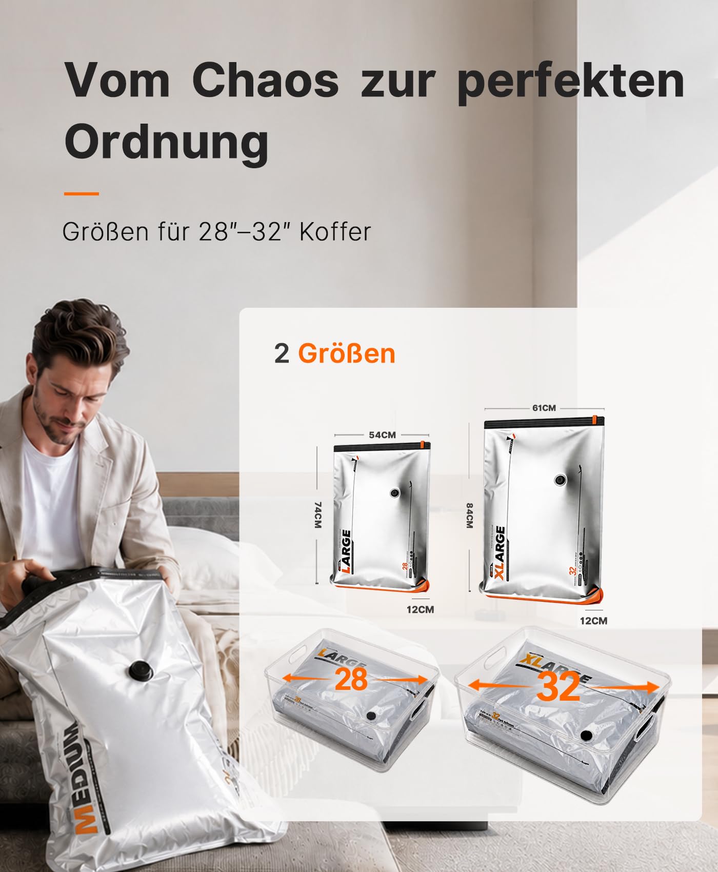 Vacbird 10 Stück Vakuumbeutel für Kleidung mit wiederaufladbarer elektrischer USB-Pumpe, 5x 54x74x12cm und 5x 61x84x12cm – platzsparende Vakuumierbeutel für Reisen und Kofferorganisation