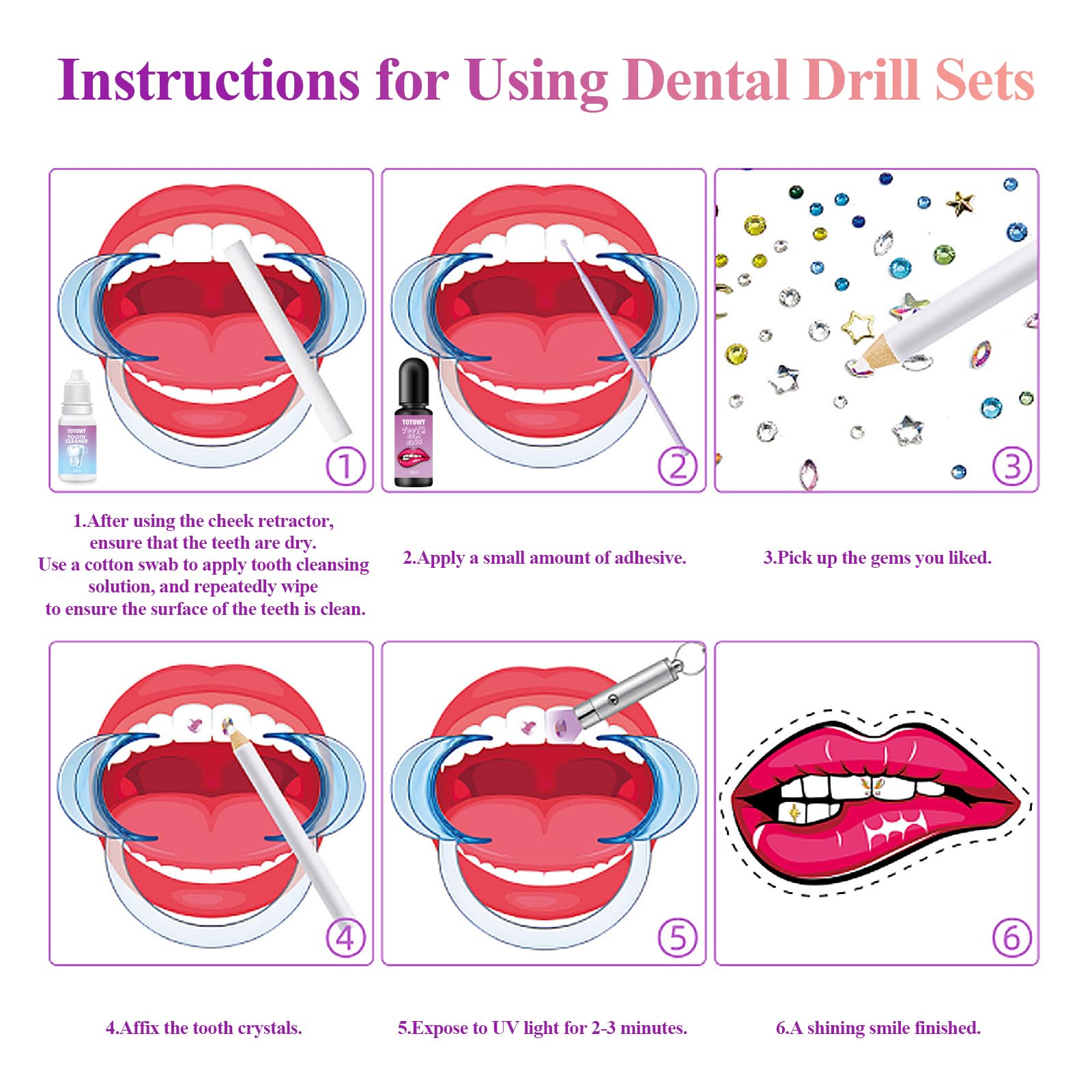 Kit de gemas de dientes, kit de joyería de dientes con pegamento y luz, kit de gemas de dientes para dientes, kit profesional de gemas de dientes, cristal de moda para dientes, gemas dulces de