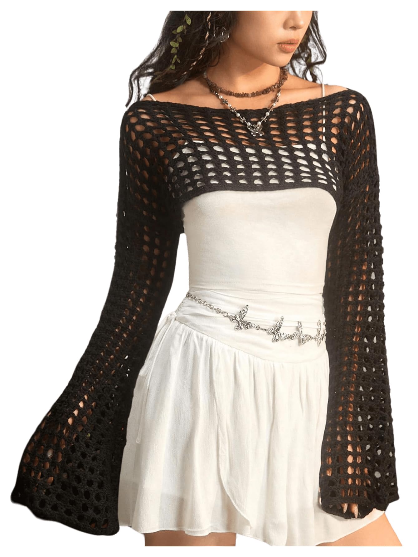 SHENHE Womens Crochet Shrug Hollow Knit Bolero Shrugs Sweater Crop Top Y2K Bell Sleeve Sweater