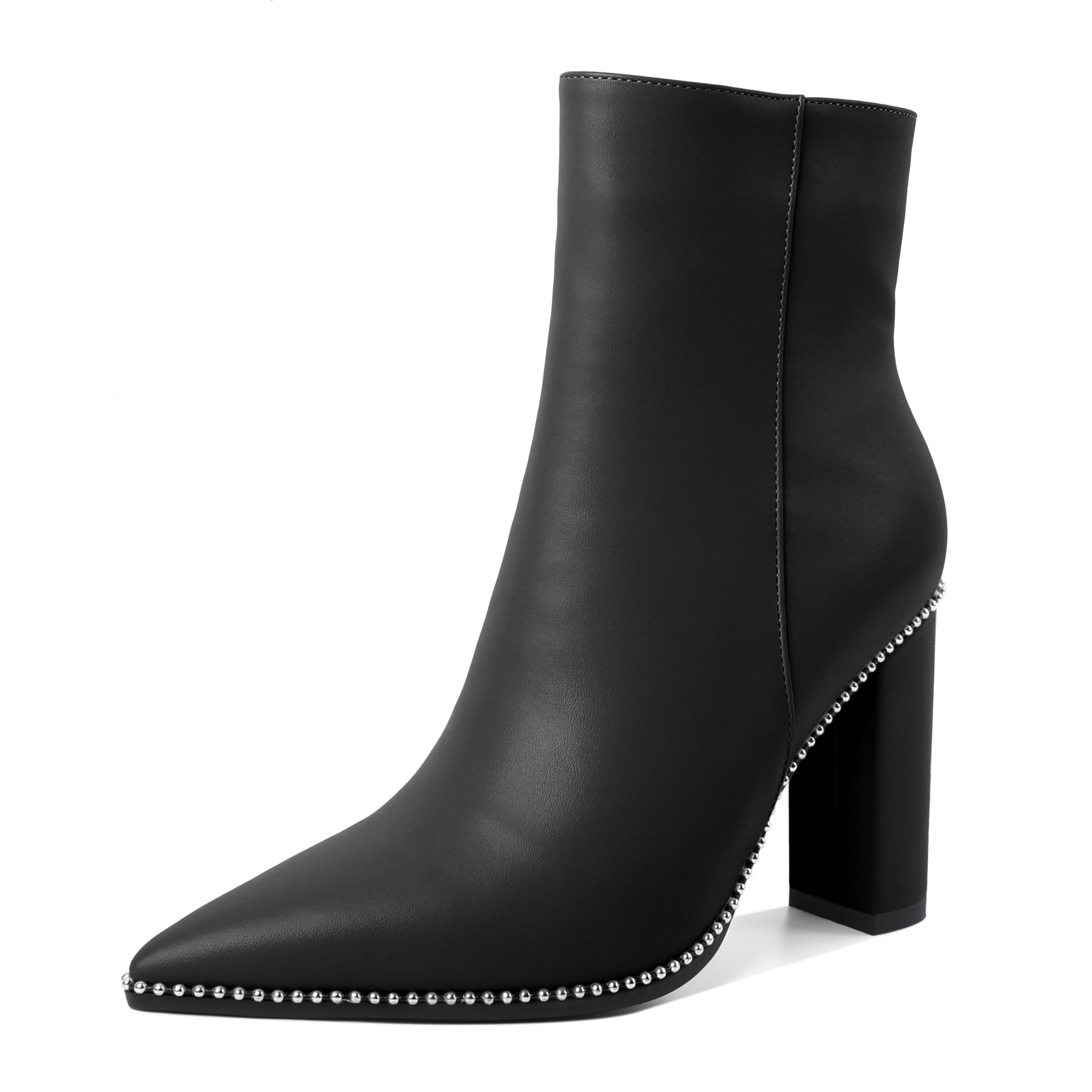 Eldof Womens Pointed Toe Beaded Chunky Ankle Boots Side Zipper 3.5 Inches