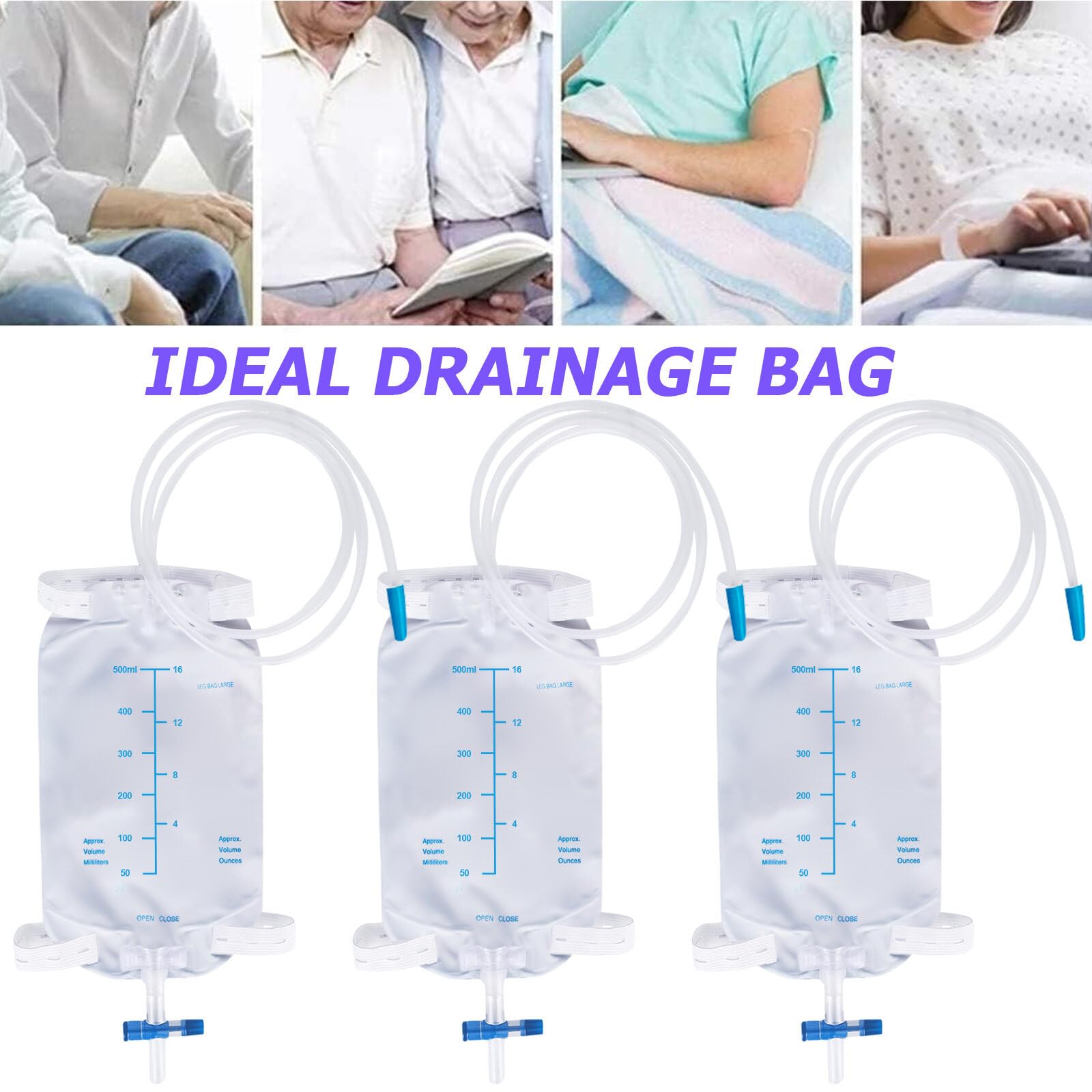 6 piezas de 500 ml de bolsas de orina con 2 correas: bolsas de orina, bolsas de drenaje de orina, bolsas de drenaje con 2 tiras, bolsas de orina con válvula y drenaje en T, bolsas de drenaje de orina