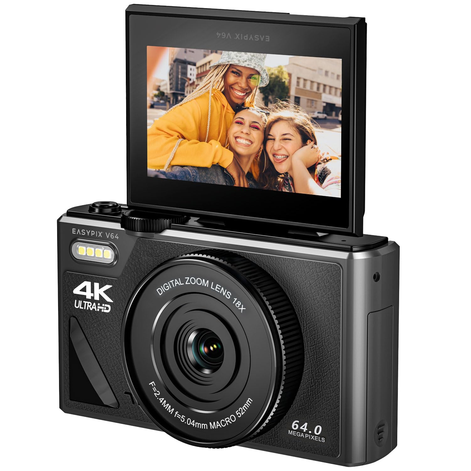 Easypix V64 Flip, fotocamera digitale con flip-screen, display pieghevole da 3,0", risoluzione fino a 64 MP, zoom digitale 18x, WiFi, perfetto per vlogger e selfie