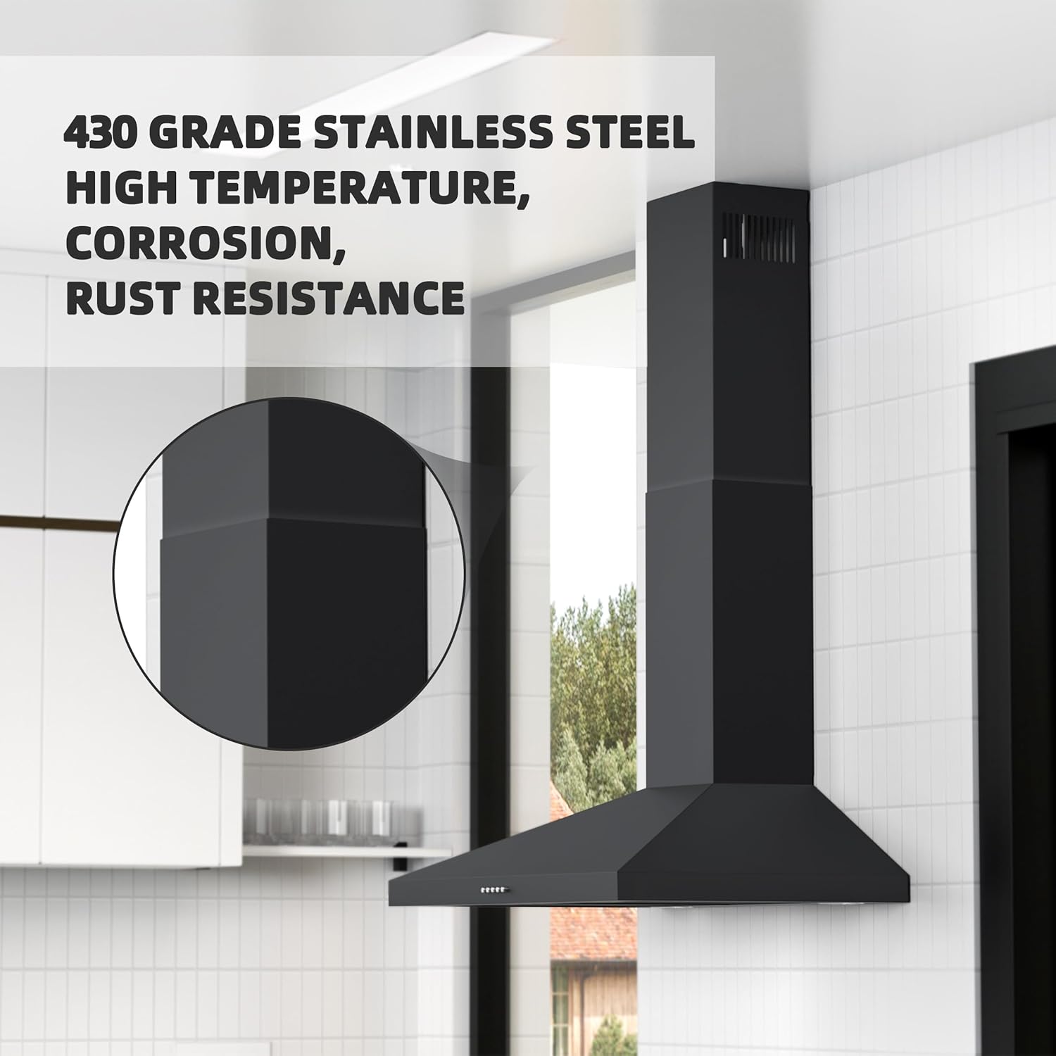 Black Range Hood Extension Chimney FGS-TD24B-ZST, Stainless Steel Wall Mount Chimney Extension for FIREGAS Range Hood FGS-UBD24Y75AC, FGS-UBD24Y75CC