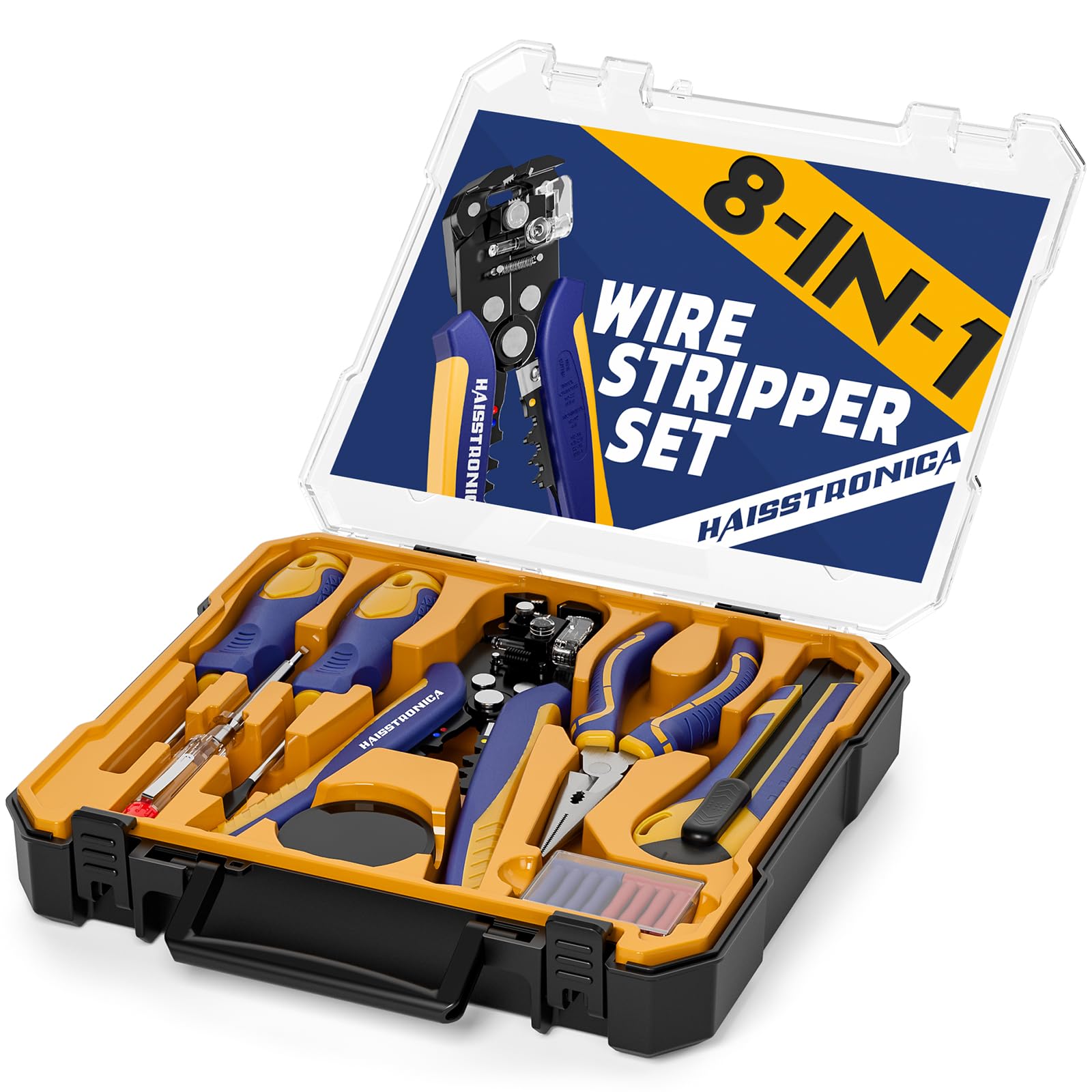 Haisstronica Kit Pince à Dénuder 8-en-1 – Ensemble d’Outils Professionnel pour Électriciens : Dénudeur Automatique, Pince à Bec, Tournevis, Testeur de Tension, Couteau, Ruban Isolant et Connecteurs