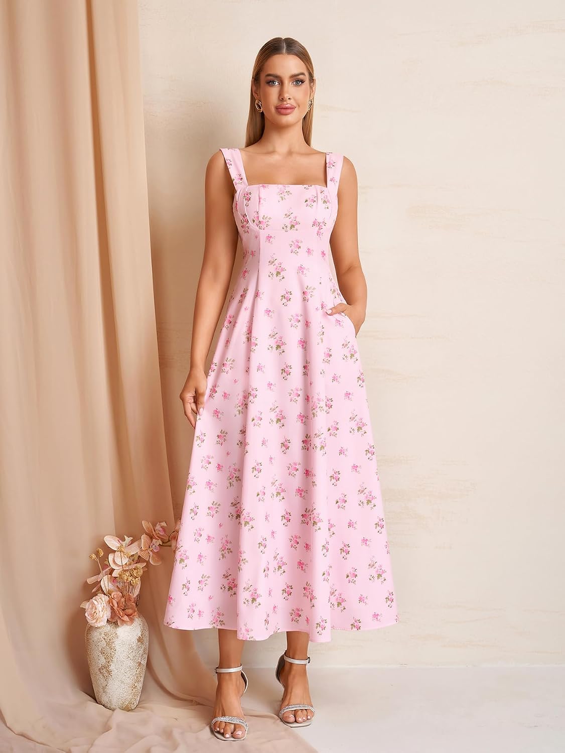 KUTUMAI Bow Tie Floral Corset Midi Dress Flowy Summer Tea Party Wedding Guest Dresses for Women Sundress with Pockets