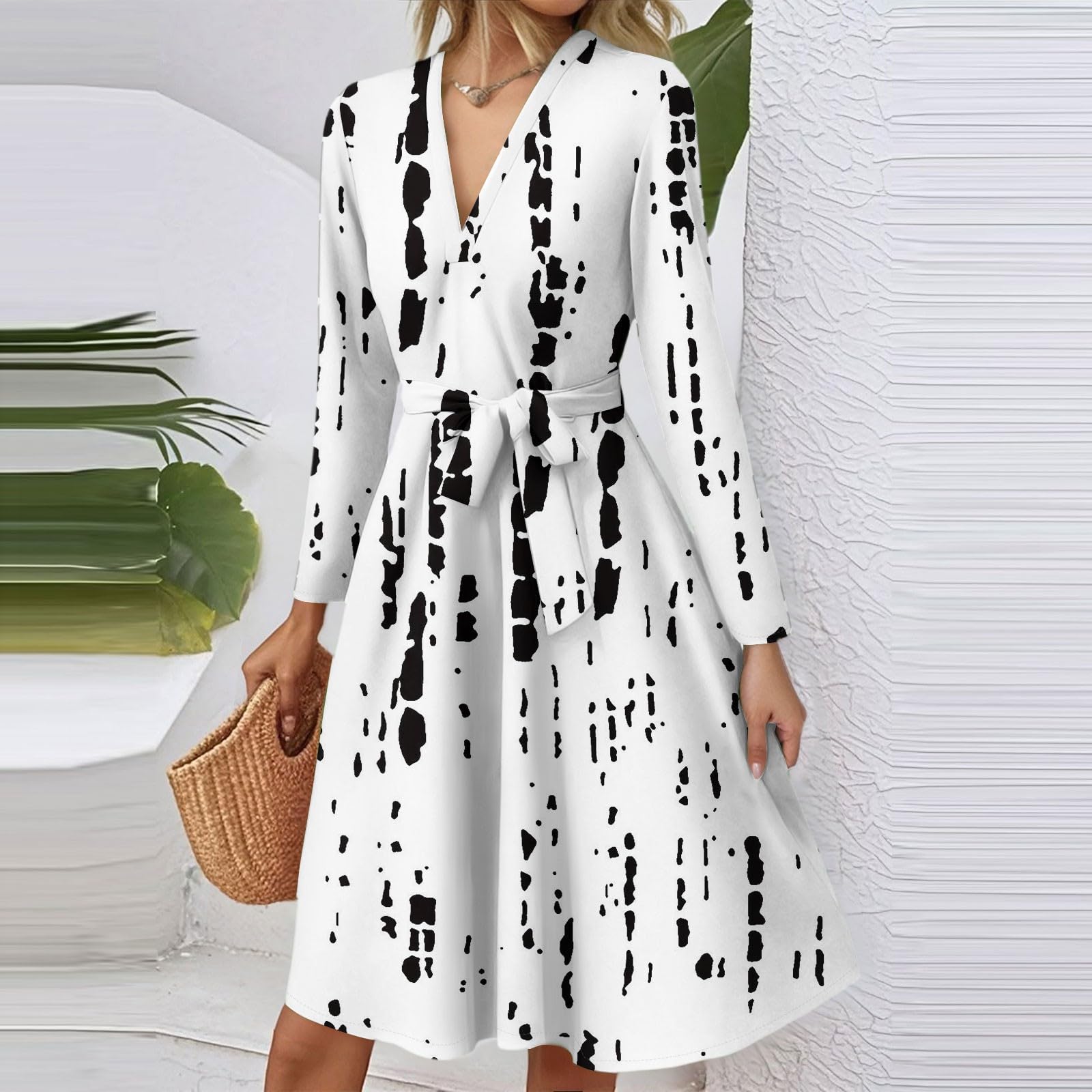 Herbstkleid Damen Knielang A Linie Langarm Midikleid V-Ausschnitt Tunika Kleid Mit Gürtel Lässiges Business Kleid Damen Elegant Schicke Sommerkleider Freizeitkleid