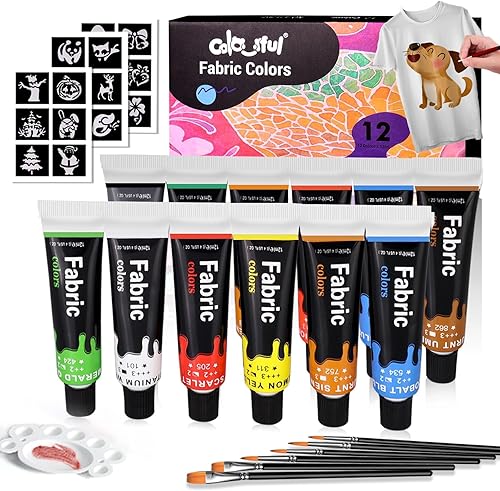 Colorful Juego de Pintura de Tela para Ropa de 12 Colores - Kit de Pintura Textil Permanente para Zapatos, Lienzo - Juego de Pintura Antideslizante
