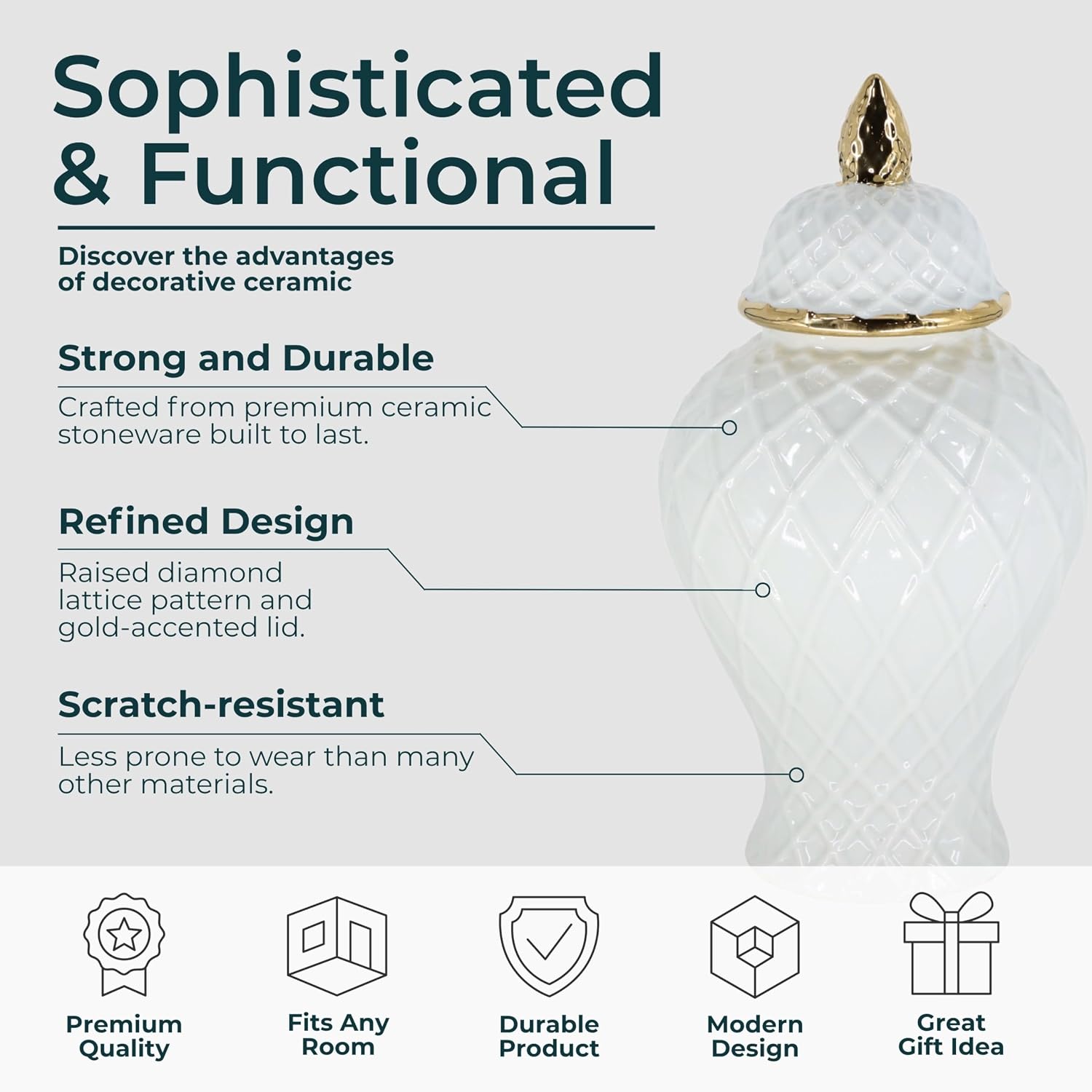 Decorative Ceramic Vase with Lid for Living Room and Home Decor - Elegant Flower Vase Accent for Room, Bedroom, or Office Display - Sculpted Table Accent for House Decoration - 15", White & Gold