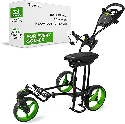 JOVIAL Carrito de golf de 3 ruedas con asiento incorporado para relajación - Ligero, plegable, colapsable, accesorios de carrito de golf, incluye