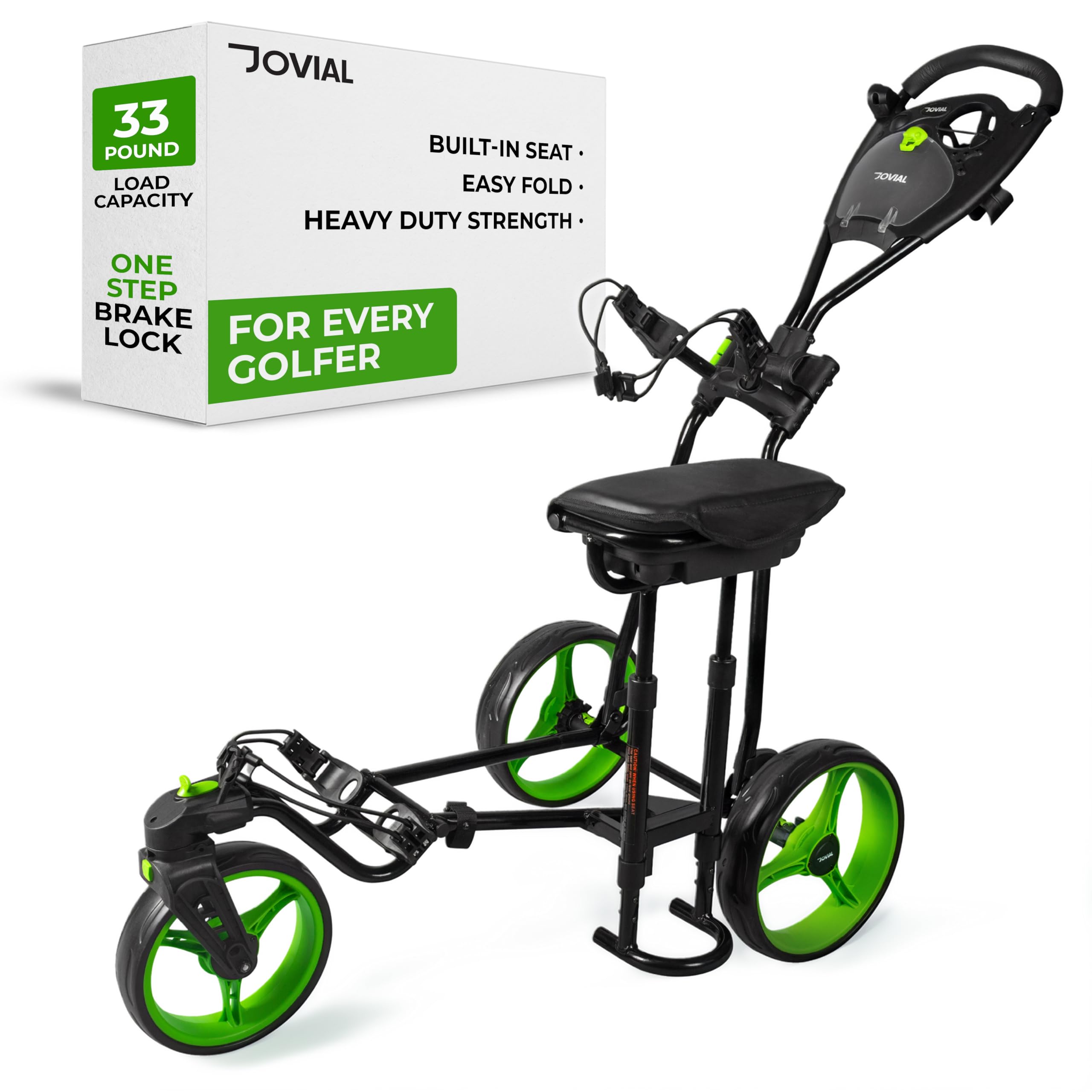 JOVIAL Foldable 3 Wheel Junior Golf Push Cart, Lightweight Aluminum Pull Cart with Deluxe Scorecard Holder, Adjustable Handle, Quick Brake System, Compact Folding Golf Trolley with Strap Support