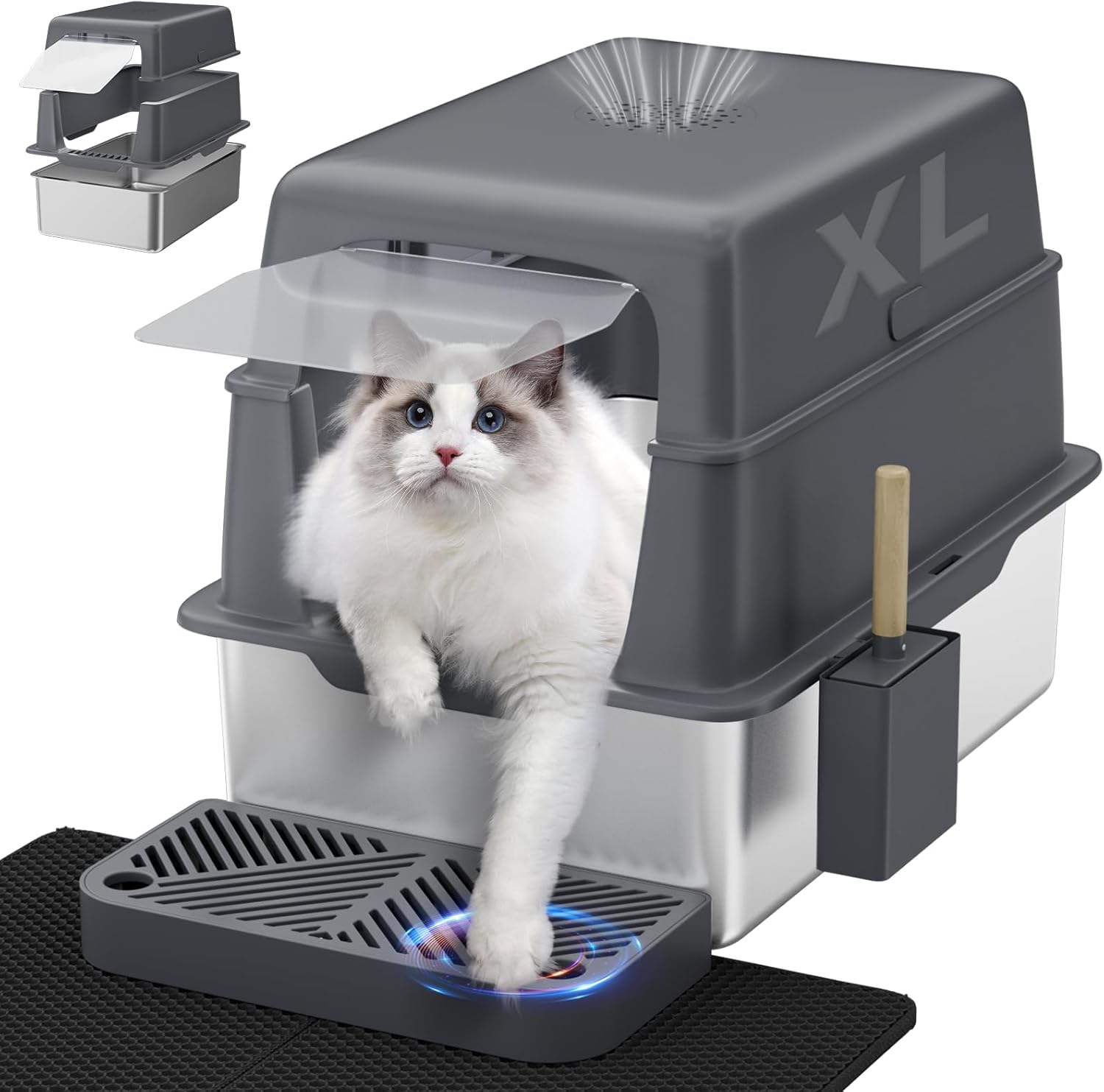 Stainless Steel Litter Box with Lid, XL Metal Cat Litter Box with Removable High Sided Enclosed, Foot Pedal & Scoop & Litter Mat for Big Cats, Anti-Urine Leakage, Non-Stick Bottom, Easy Cleaning