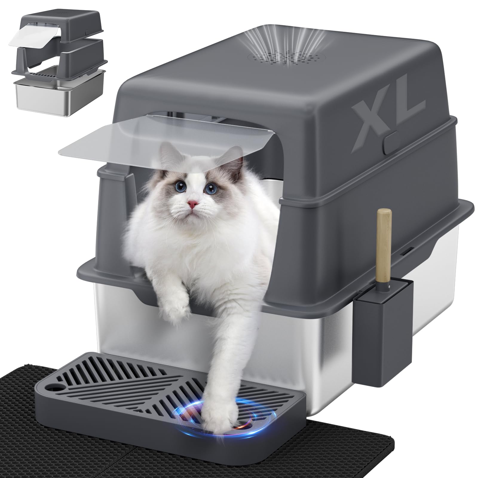 Stainless Steel Litter Box with Lid, XL Metal Cat Litter Box with Removable High Sided Enclosed, Foot Pedal & Scoop & Litter Mat for Big Cats, Anti-Urine Leakage, Non-Stick Bottom, Easy Cleaning