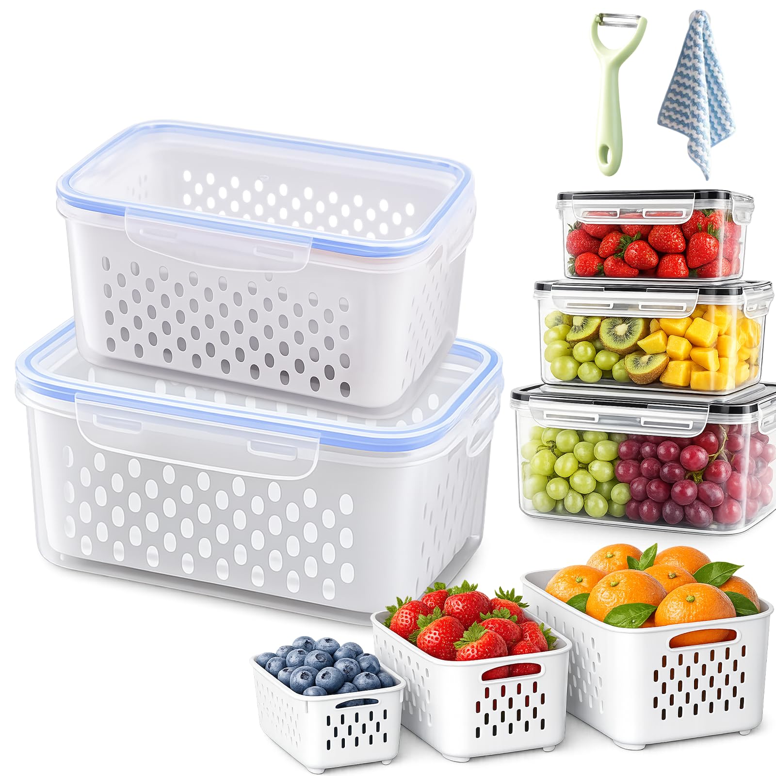 4-in-1 Produce Storage Containers, Fruit Storage Containers for Fridge with Removable Colander & Lid, Airtight Plastic Food Box with Drain Basket for Vegetable & Kitchen Organization (Blue,M+L)