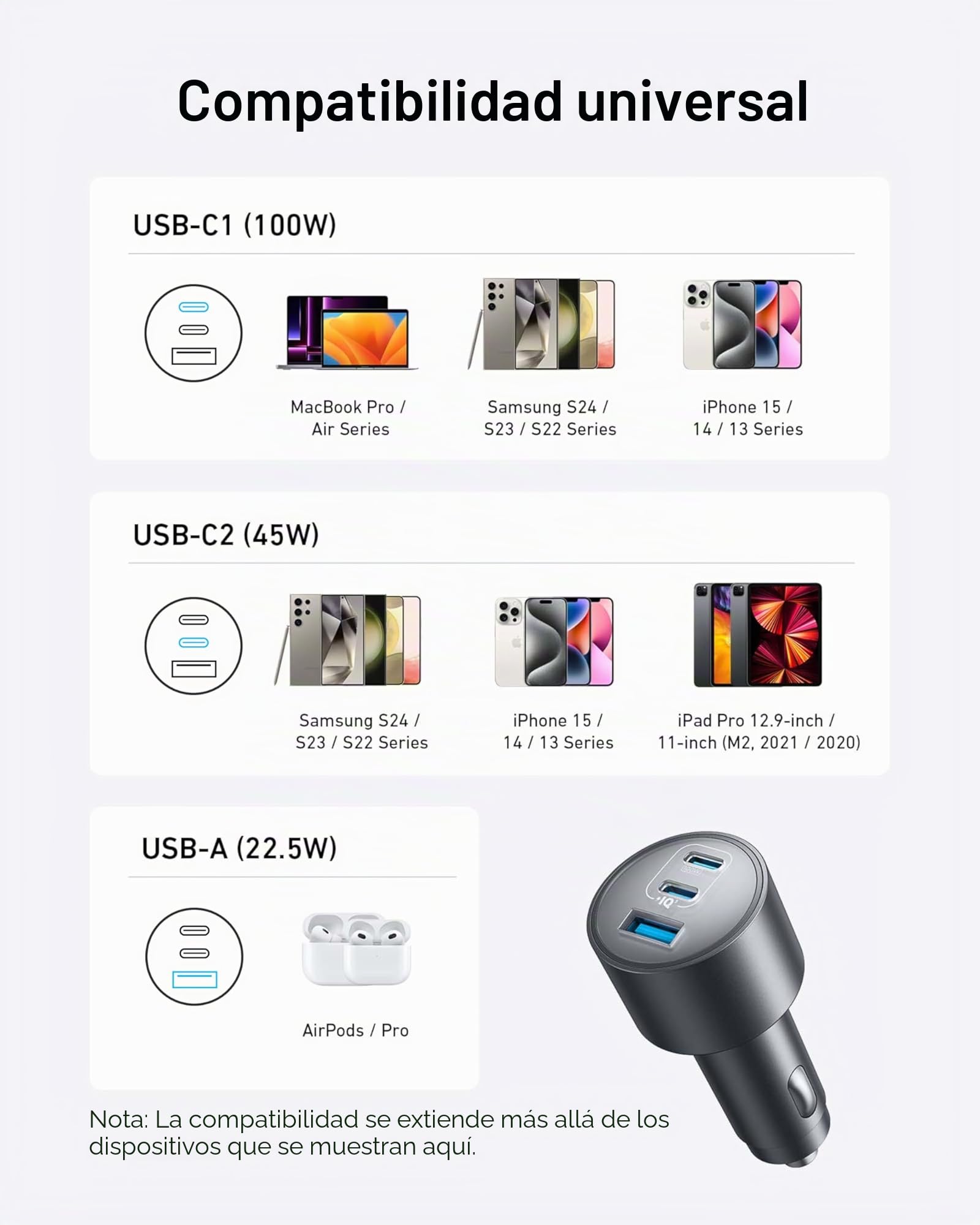Anker Cargador de Coche USB-C, Cargador de Coche Rápido Tipo-C Ultracompacto 3 Puertos 167,5 W Máxi. para MacBook Pro/Air, iPhone 15/14 / 13 Series, Samsung S24 / S23, iPad Pro, AirPods y Más