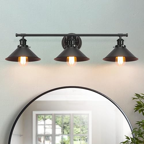2025 - Luces de tocador negras de 32 pulgadas para baño, 3 luces, color negro mate, lámpara de tocador industrial, lámpara de pared moderna con cono