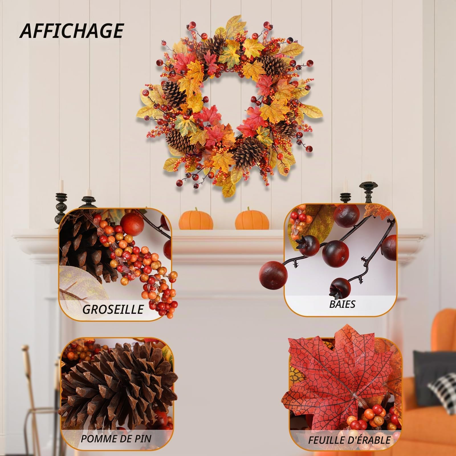 Couronne d'automne de 61 cm - Grandes pommes de pin artificielles en érable pour porte d'entrée, mur, fenêtre, fête de mariage, intérieur et extérieur, couronne d'automne pour la maison,