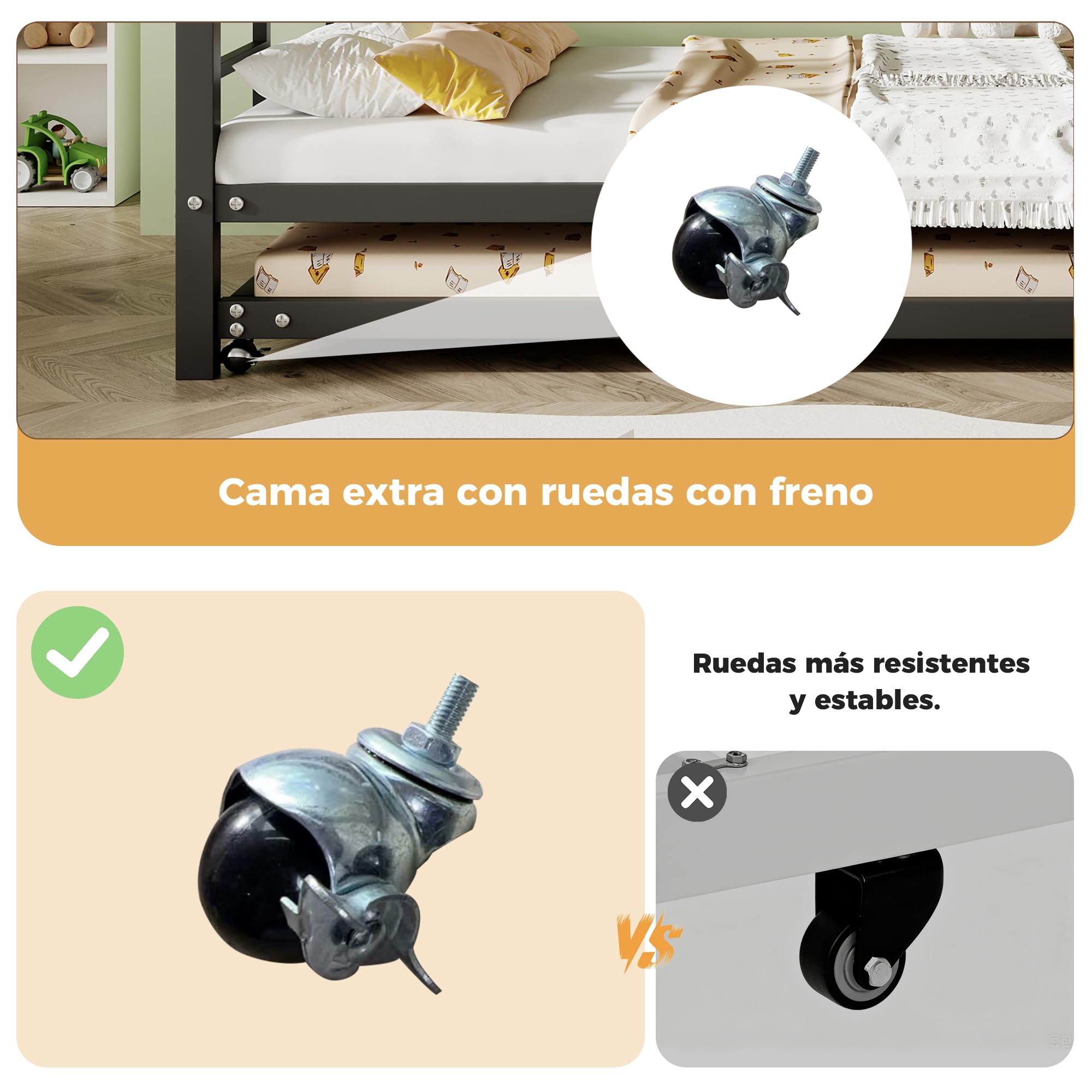 Literas 3 Camas 90x200 cm con Cama extraíble 90x190 cm Incluidas Las Pastillas de Freno, Marco de Camas de Metal con Barreras de Seguridad, con somier de láminas, sin Colchón, Negro