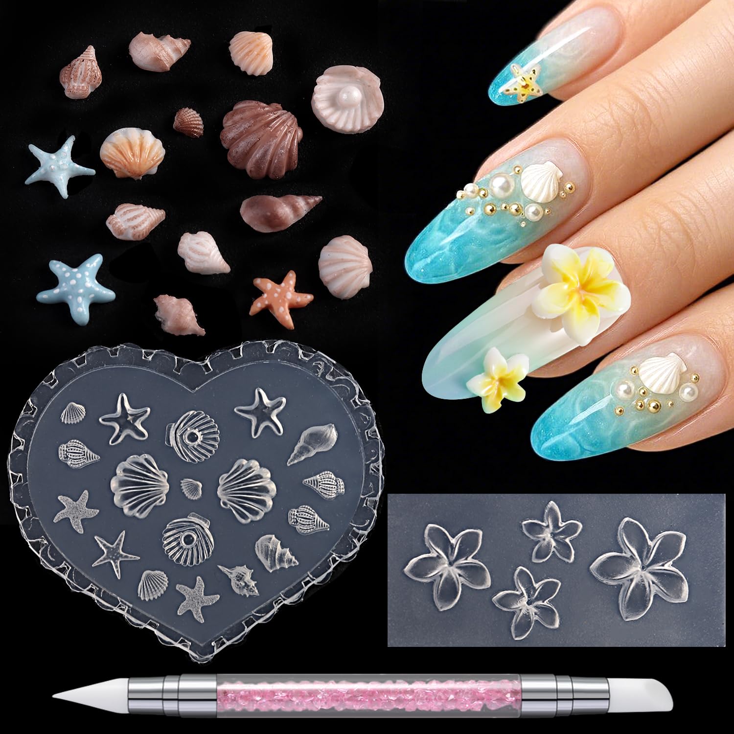 Zestaw silikonowych form do zdobienia paznokci, 3 szt., 3D Plumeria, kwiat i ocean, muszla z długopisem, przezroczyste formy do zdobienia paznokci, narzędzia do manicure, formy para Uñas
