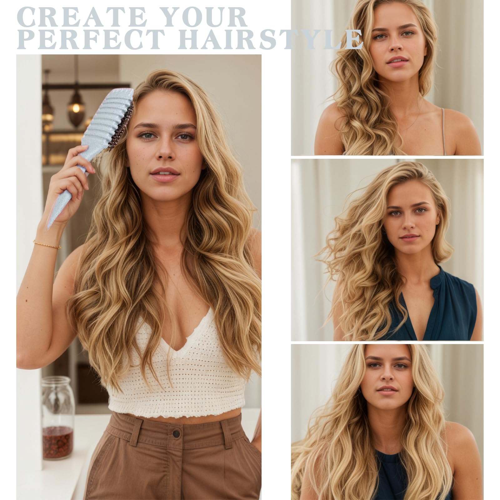 Cepillo Definidor De Rizos - Cepillo Pelo Rizado, Cepillo Curly Brush Enhance Bounce | Destangla El Cabello Ondulado/Rizado, Reduce Frizz - Diseño Ergonómico Para Todas Las Texturas (Beige, Rayas)