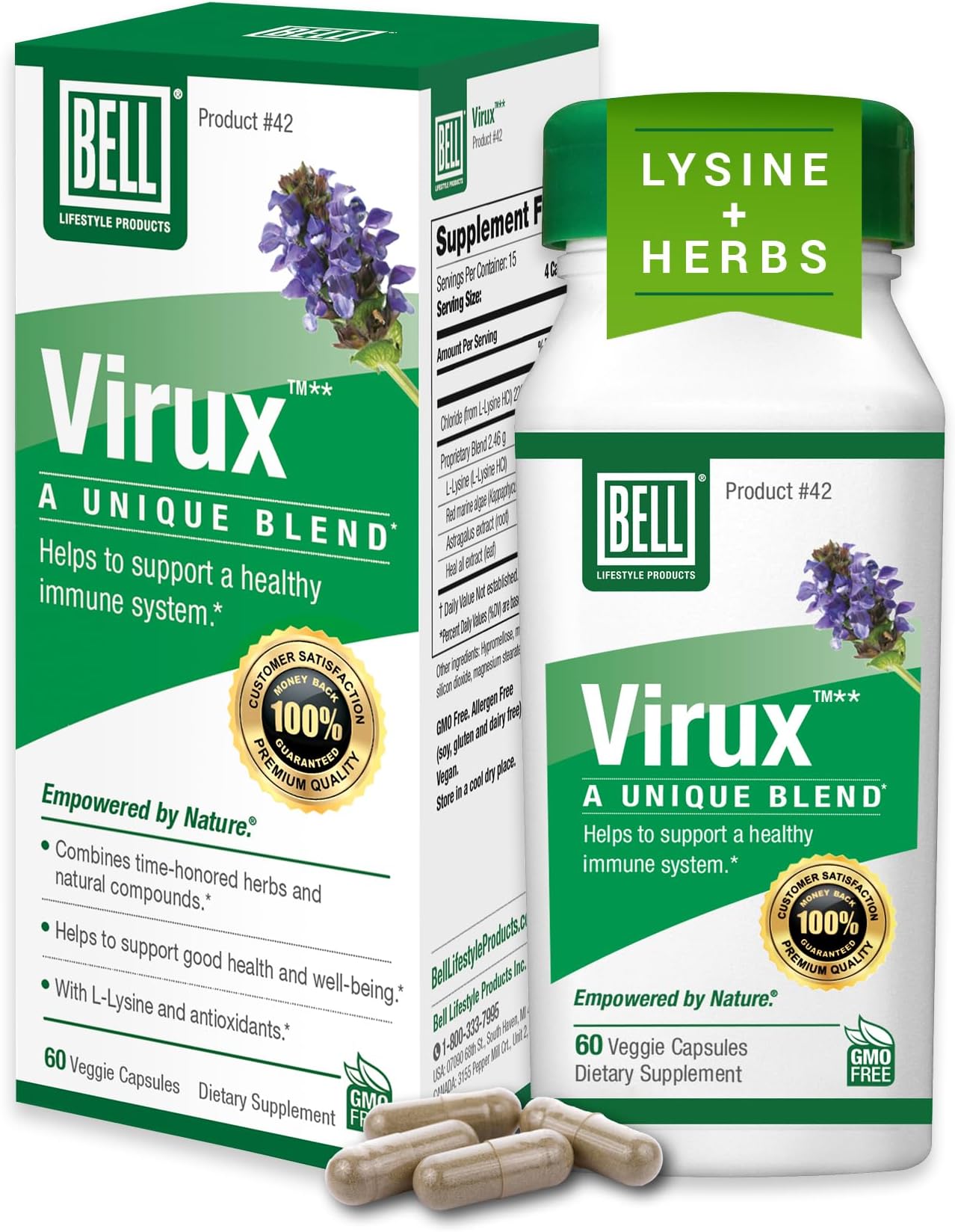 Bell Viruxโข L Lysine and Red Marine - Natural Herbal Blend, Unique Supplement to Boost the Immune System- Lysine 1000mg Capsules
