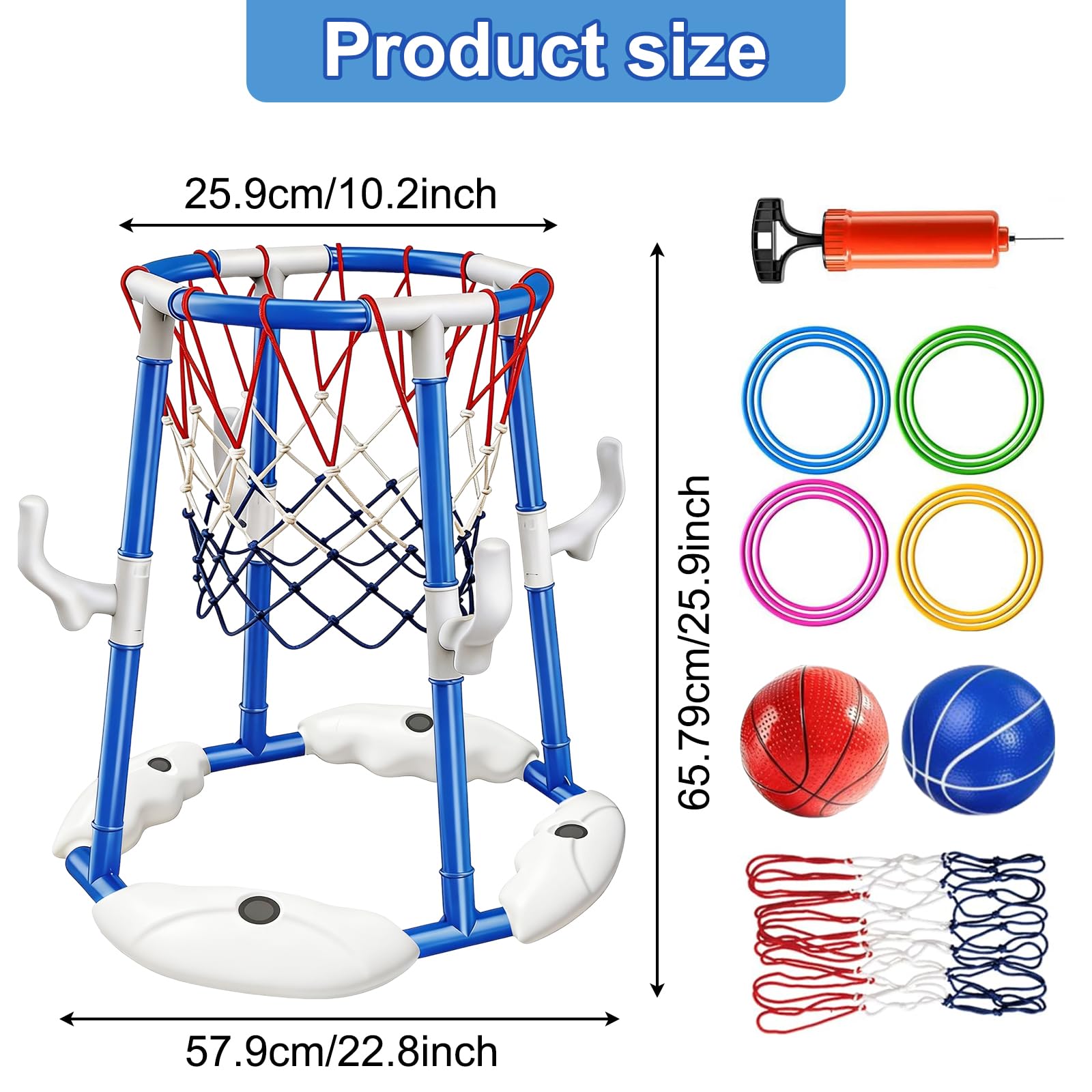 Pool Basketballkorb, 2-in-1 Pool Basketballkorb mit Ringwurfspiel für Kinder und Erwachsene mit 2 Bällen, 12 Ringen und Pumpe, Schwimmender Pool-Basketballkorb für Wasserspielzeug Sommer-Poolparty