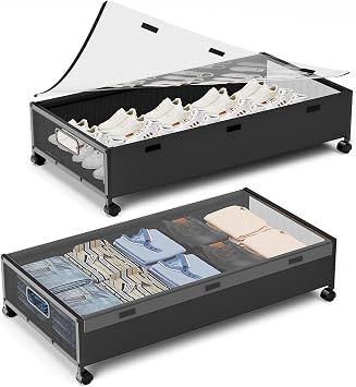 KITHELP Under Bed Storage Containers with Wheels, 2 Pack Underbed Shoe Storage Organizer with Removable Lids, Large Rolling Under Bed Storage Dresser Drawers for Clothes Toys Shoes Blankets