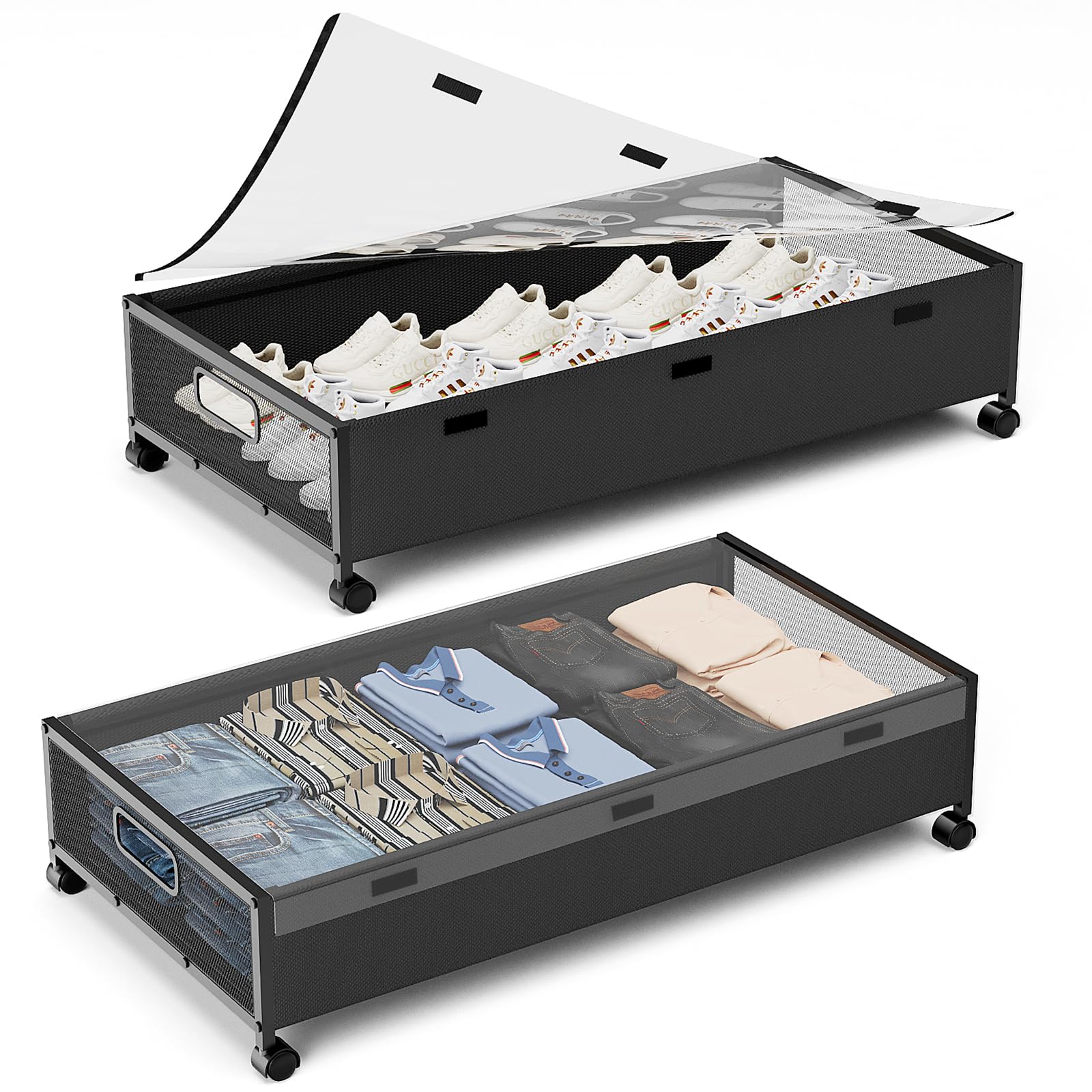 KITHELPUnder Bed Storage Containers with Wheels, 2 Pack underbed shoe storage organizer with Removable Lids, Large rolling under bed storage dresser drawers for Clothes Toys Shoes Blankets