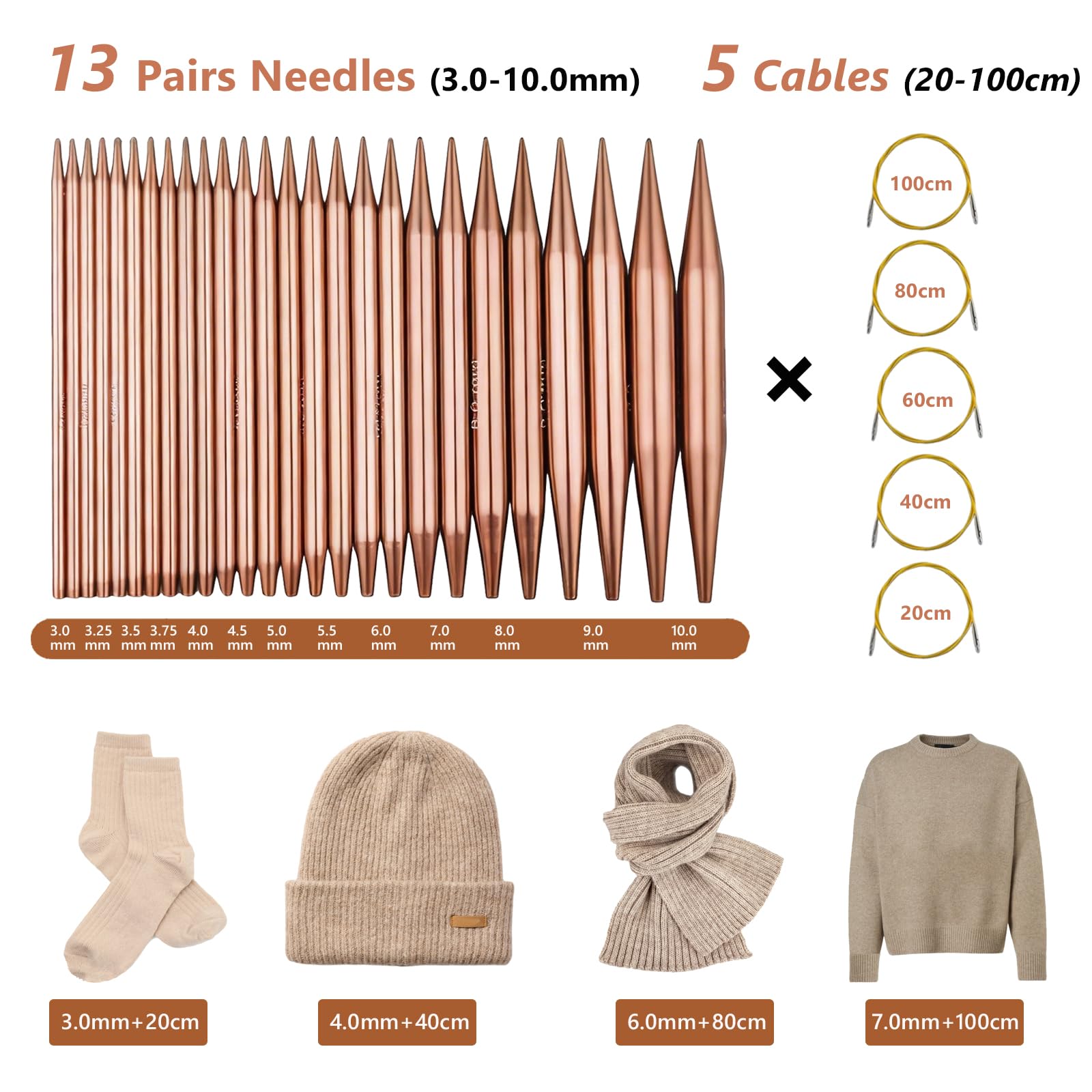 LYMIGER 13 Paar austauschbare Rundstricknadeln, 10,2 cm, Stricknadel-Set, Aluminium, 3–10 mm mit 20 cm, 40 cm, 60 cm, 80 cm, 100 cm Kabeln, Strickzubehör und Etui, Roségold