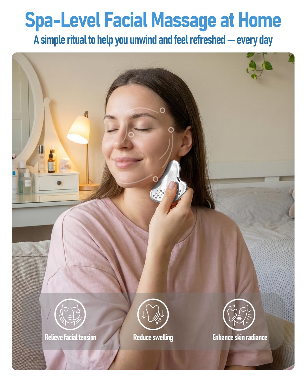 Stainless Steel Gua Sha Tool with Non-Slip Grip | Dotted Design, Natural Cooling Metal, For Jawline Cheeks & Chin, Facial Massage, Oil-Based Skincare, Silver, Gift for Women