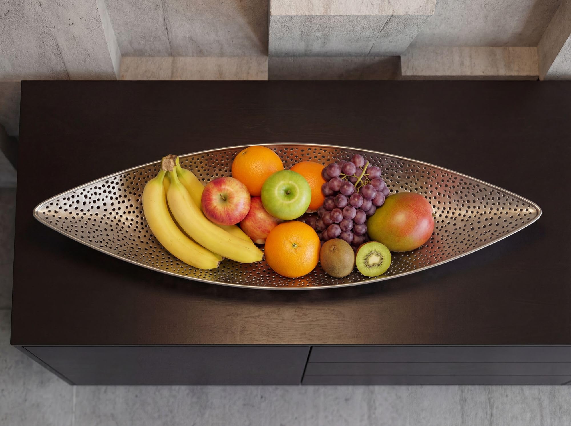 FineBuy Miska na owoce 60 x 16 x 9 cm Aluminium Srebrny Handmade | podłużny kosz na owoce w kształcie łodzi, ręcznie wykonany metalowy kosz, ażurowa miska, dekoracja stołu do kuchni