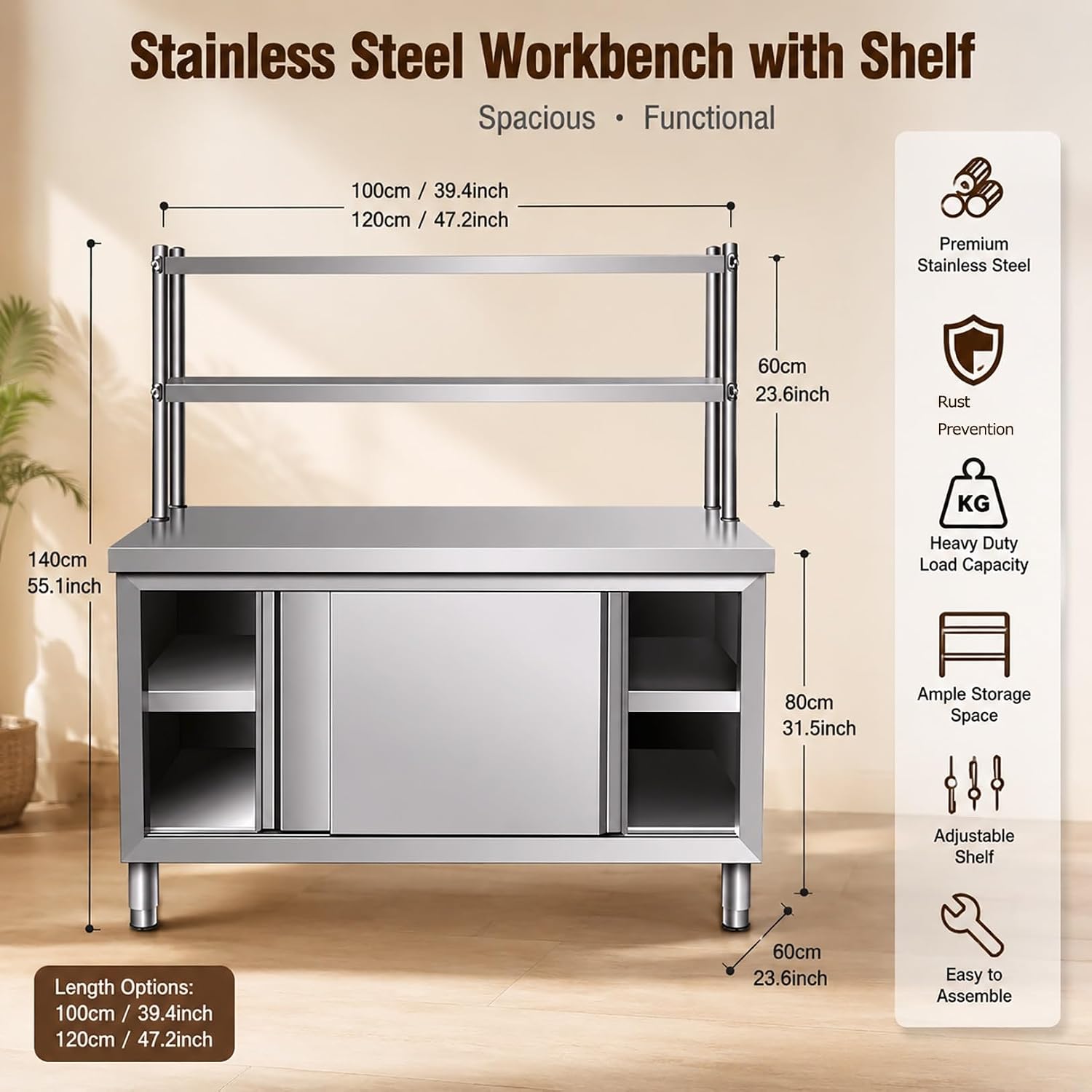 Stainless Steel Work Table with Cabinet, Heavy Duty Commercial Kitchen Prep Table with 2-Tier Shelves & Sliding Doors, Professional Metal Workbench for Garage, Kitchen Island(100x60x140cm)