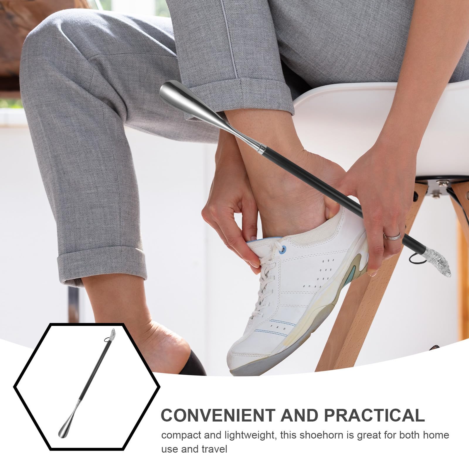 Healvian Calzador de Mango Largo de Metal y Madera de 56cm para Personas Mayores y Mujeres, Herramienta Portátil y Compacta para Facilitar el Calzado en Viajes y Vacaciones
