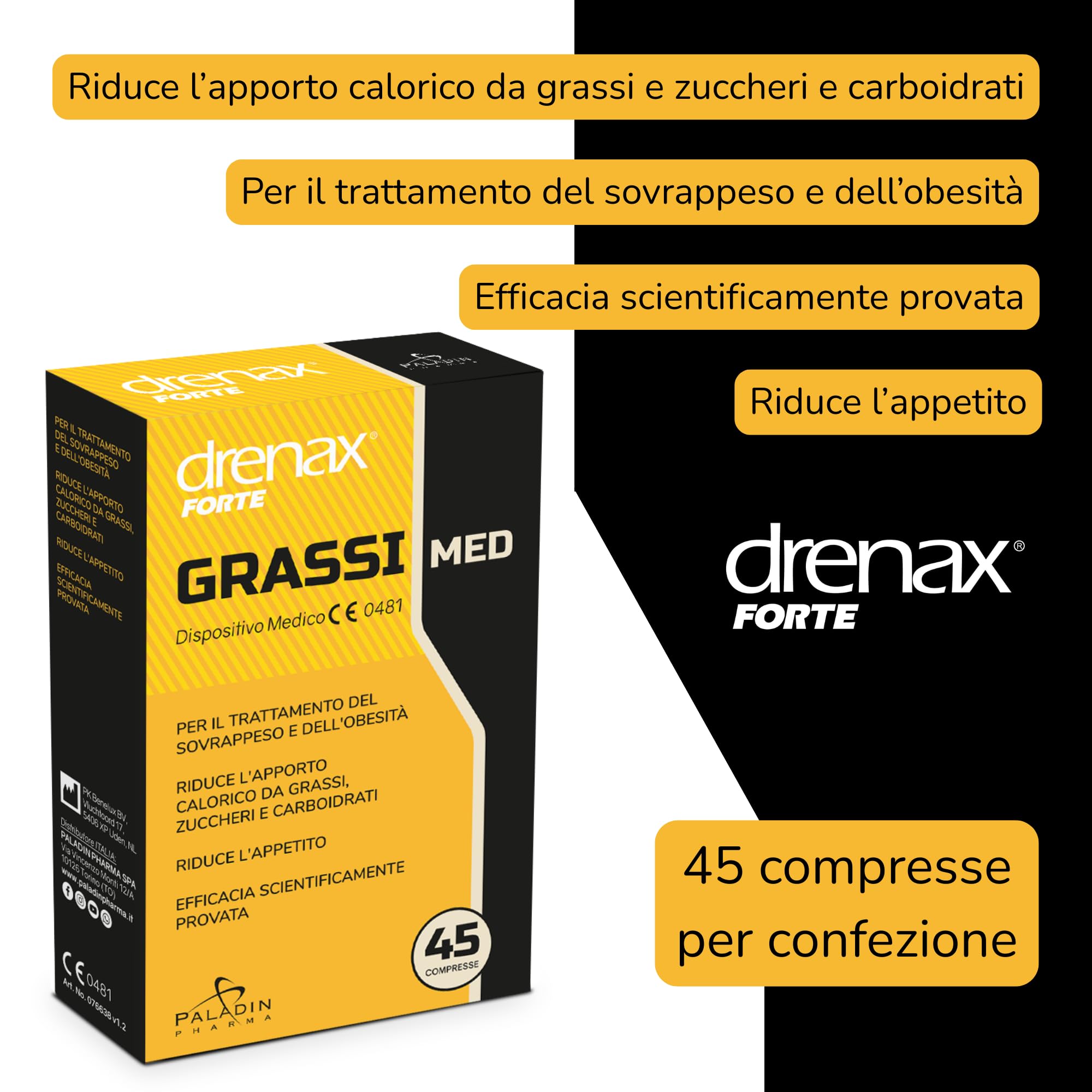 Drenax Forte Grassi Med – Dispositivo Medico CE 0481 – Riduce l’Assorbimento di Grassi, Zuccheri e Carboidrati – Supporto nel Trattamento del Sovrappeso – 45 Compresse