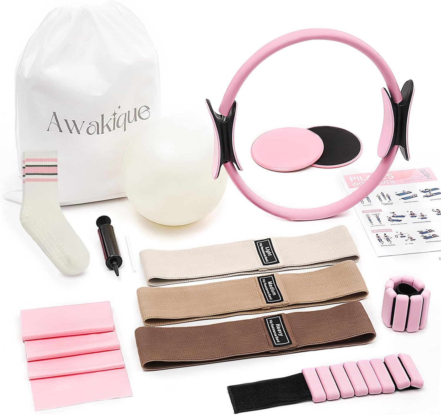 Pilates Kit, Home Pilates Kit with Pilates Ring and Ball Set, 14-Piece Full Body Pilates Equipment Set with Resistance Bands, Sliders, Ankle Weights & Grip Socks for Home Workouts