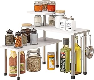 GHWIE Corner Shelf Organizer, 3 Tier Bamboo Kitchen Countertop Rack for Living Room, Office, Bookshelf Display Shelves, Space Saving Storage Shelves,White