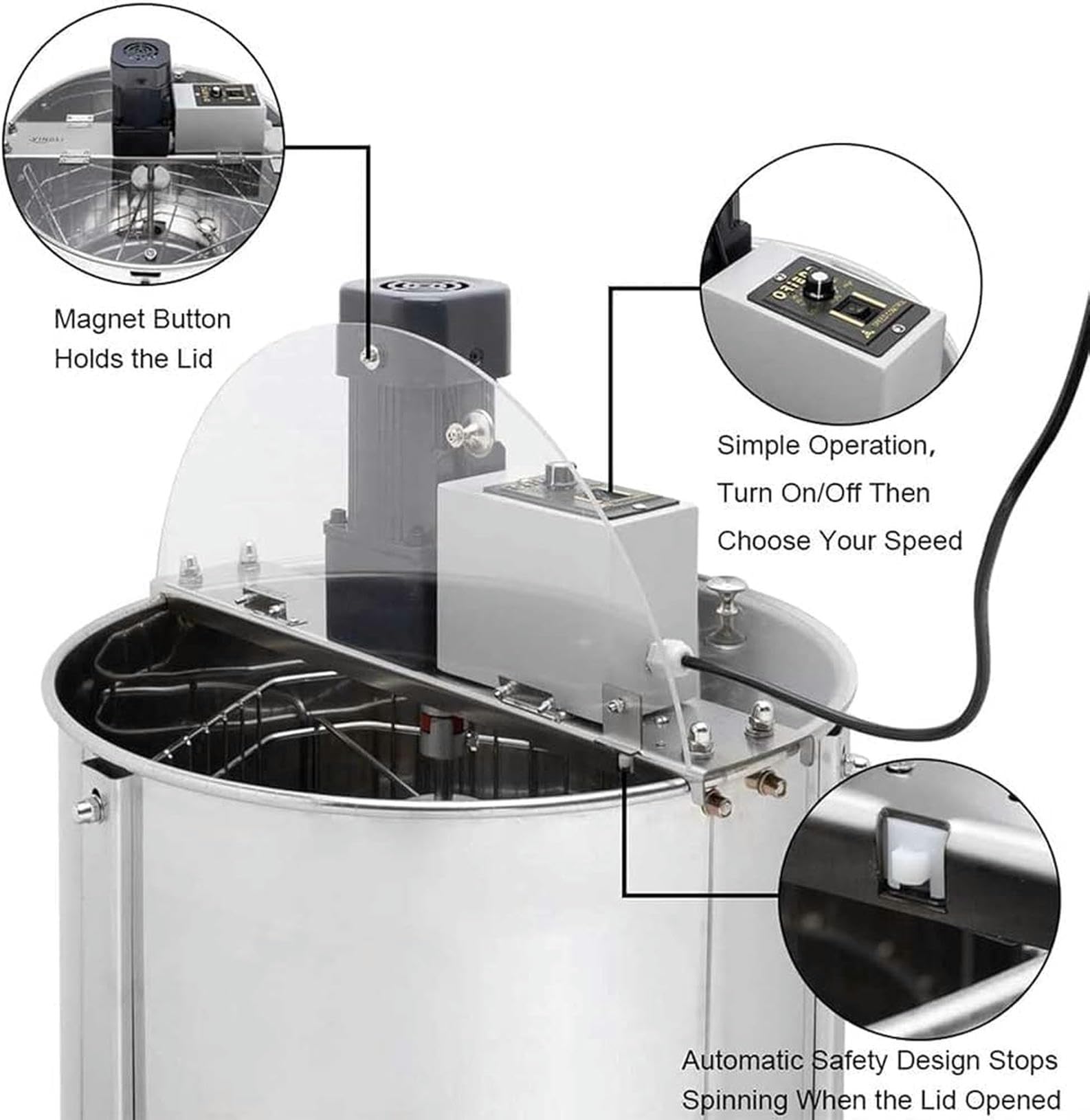 Extracteur de miel électrique, en acier inoxydable de qualité alimentaire, séparateur à 3 cadres amélioré, centrifugeuse efficace pour une utilisation en apéritif, durable et fiable