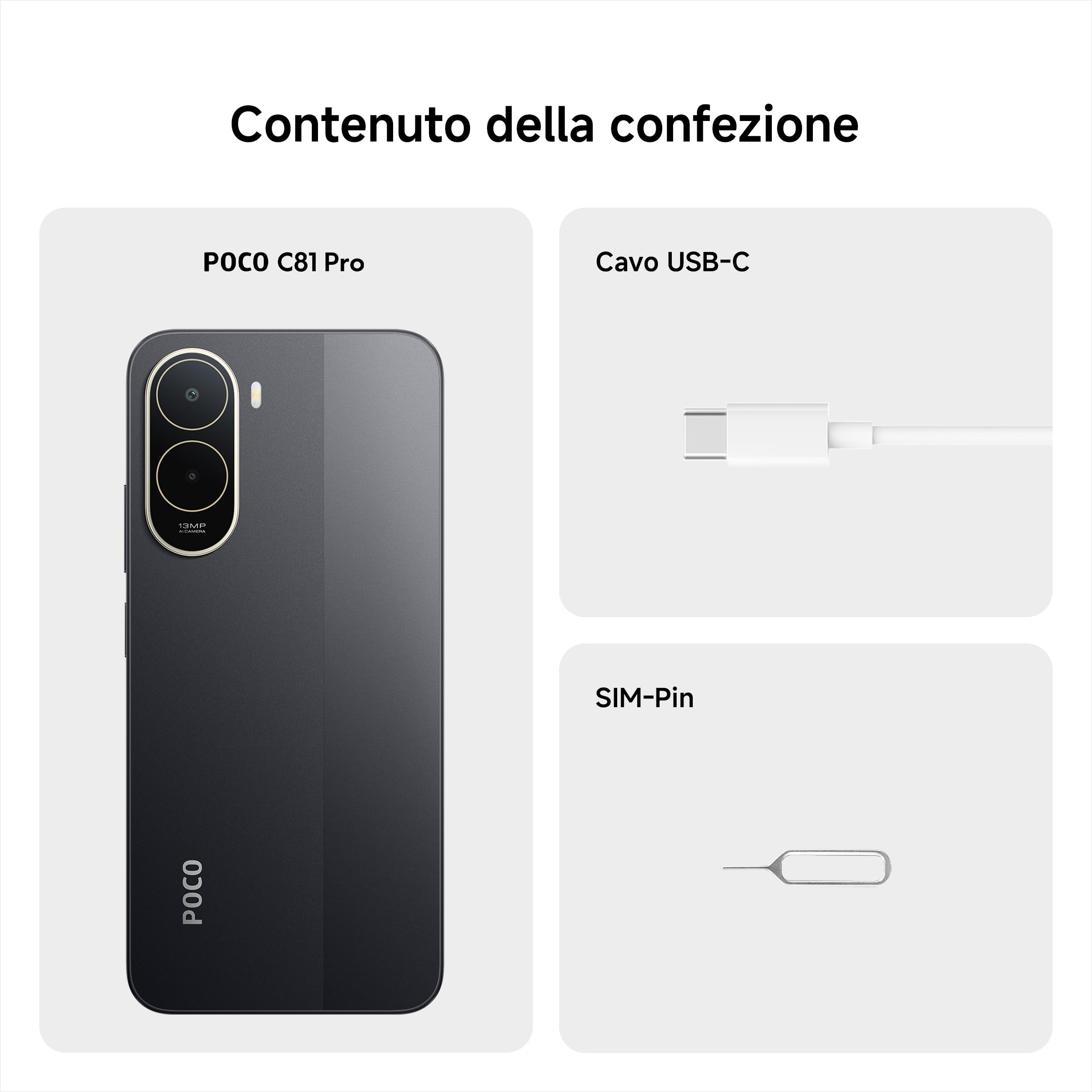 POCO C81 Pro, Smartphone 4+128GB, Nero, Batteria da 6000mAh(typ) | Refresh rate 120Hz, Fotocamera AI doppia da 13MP, Design elegante e raffinato, Garanzia 2 anni+1 anno extra