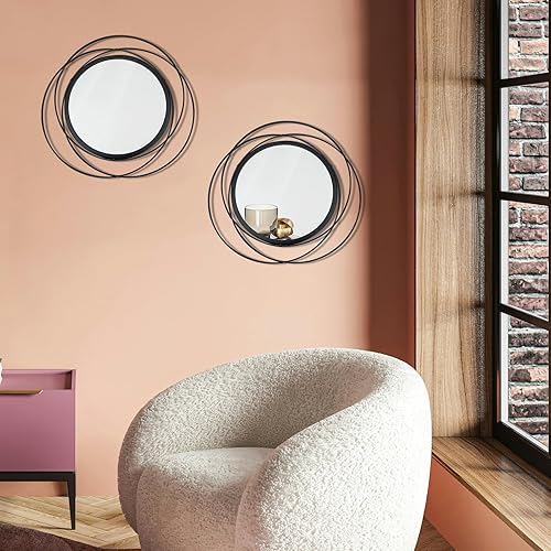 Miniatura 4 de Cityelf Juego de 2 espejos circulares negros de 33.7 cm, marco de hierro, decoración de pared del hogar, espejos redondos colgantes para sala de